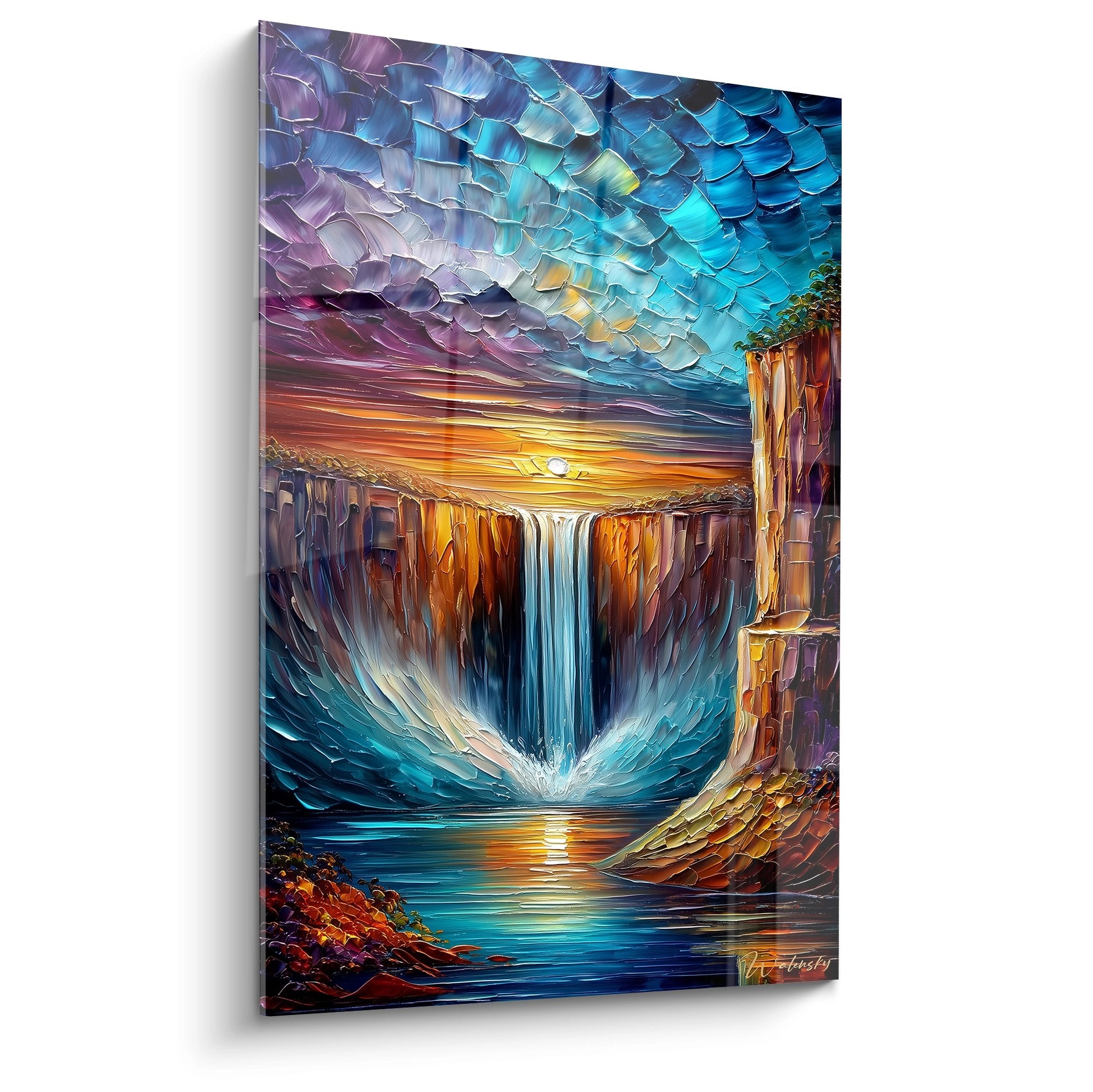 Tableau cascade fantasy avec chute d'eau majestueuse dans paysage rocheux coloré et ciel nuageux