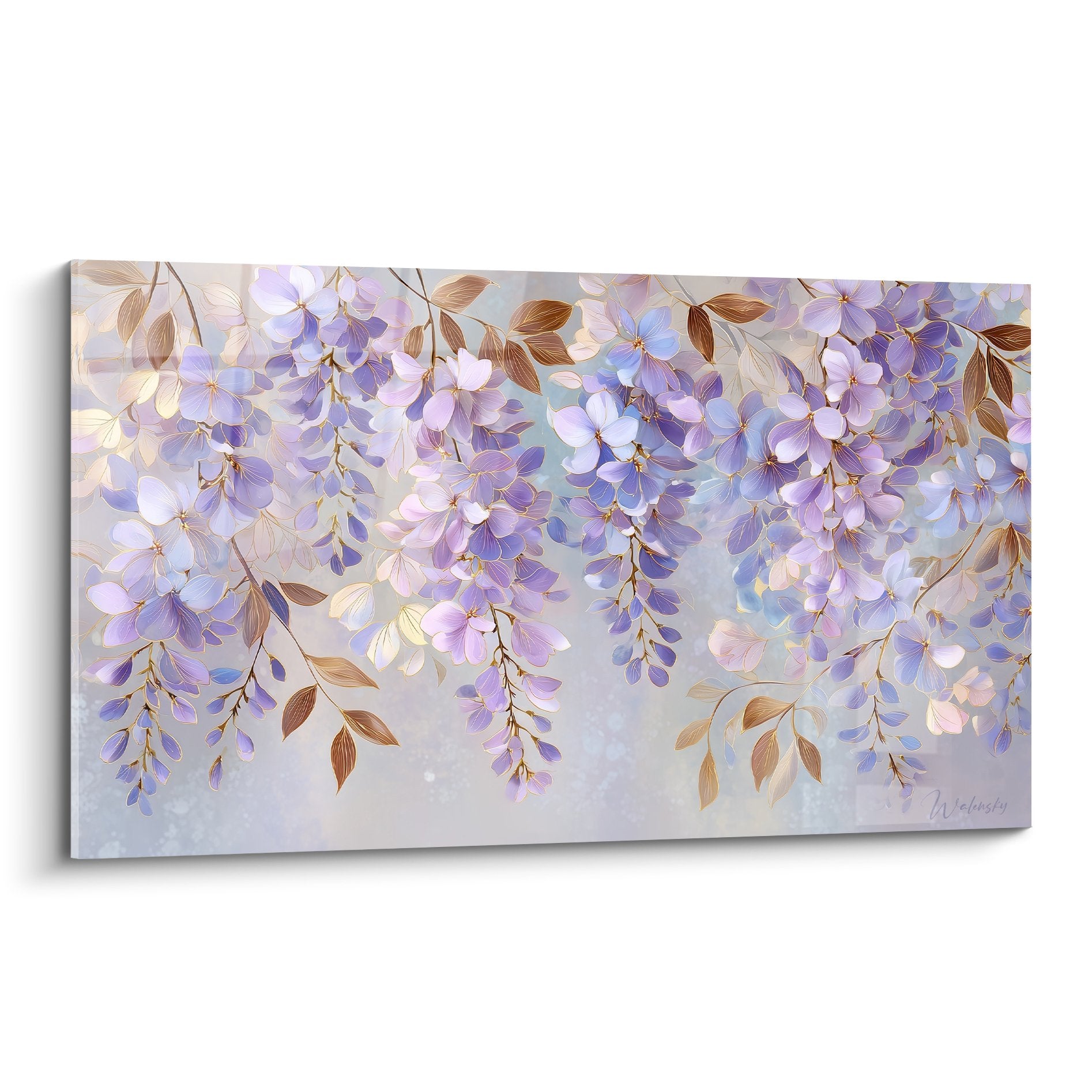 Purple flowers waterfall painting golden foliage feng shui southeast wood wall decor