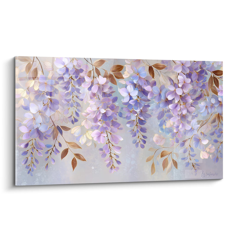 Purple Flower Cascade Wall Art with Golden Foliage - Spring Softness - Feng Shui Southeast Wood Edition