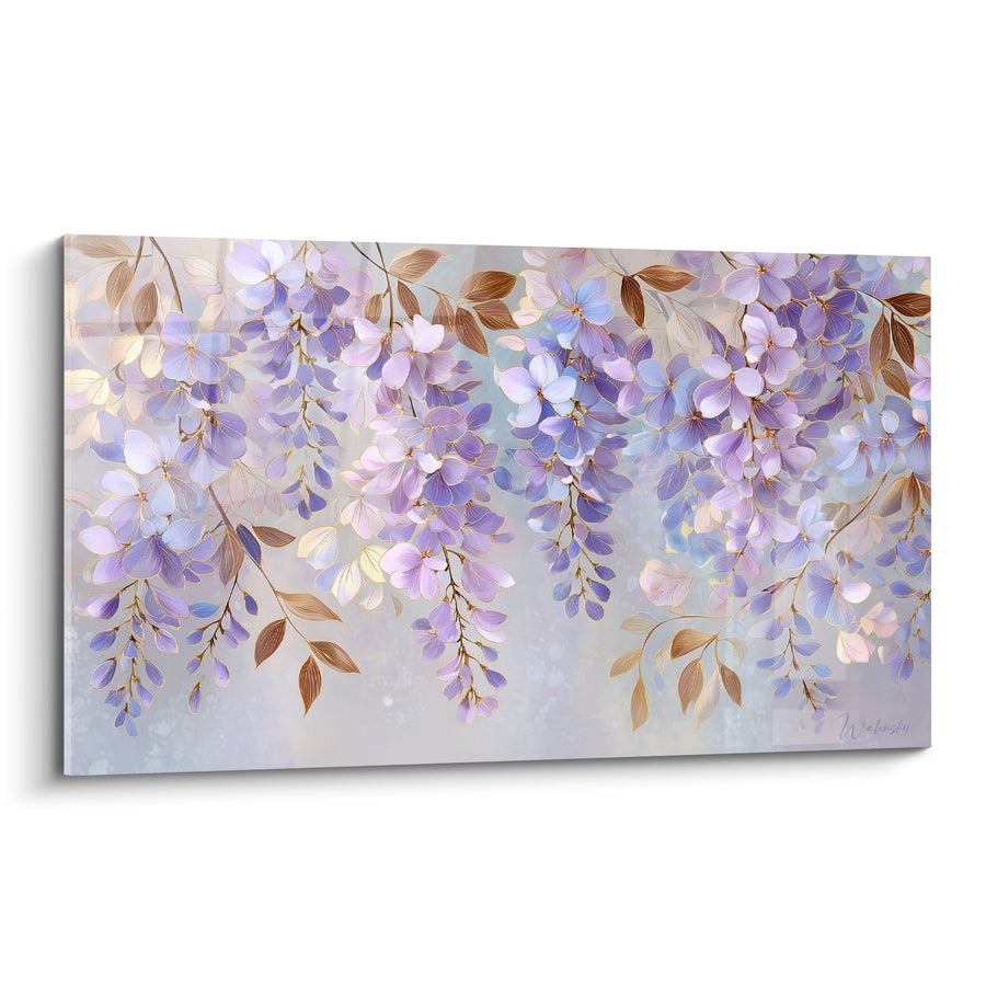Tableau Cascade de Fleurs Violettes et Feuillage Doré - Douceur Printanière - Edition Feng shui Sud-Est Bois