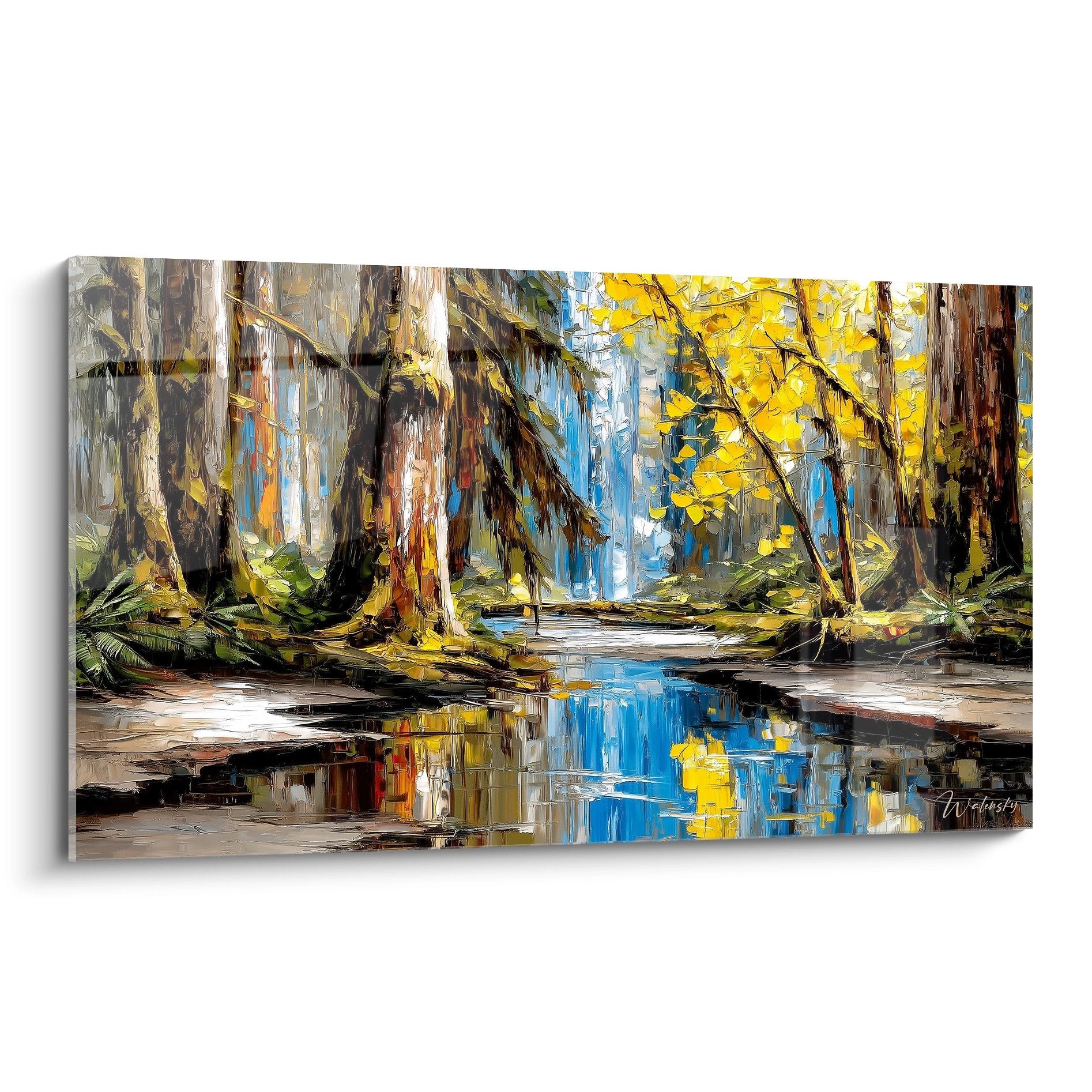 Tableau mural cascade en forêt tropicale aux reflets dorés, peinture nature impressionniste pour décoration
