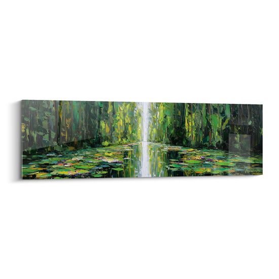 Tableau cascade foret luxuriante tons verts jaunes technique impressionniste feng shui est bois nature zen