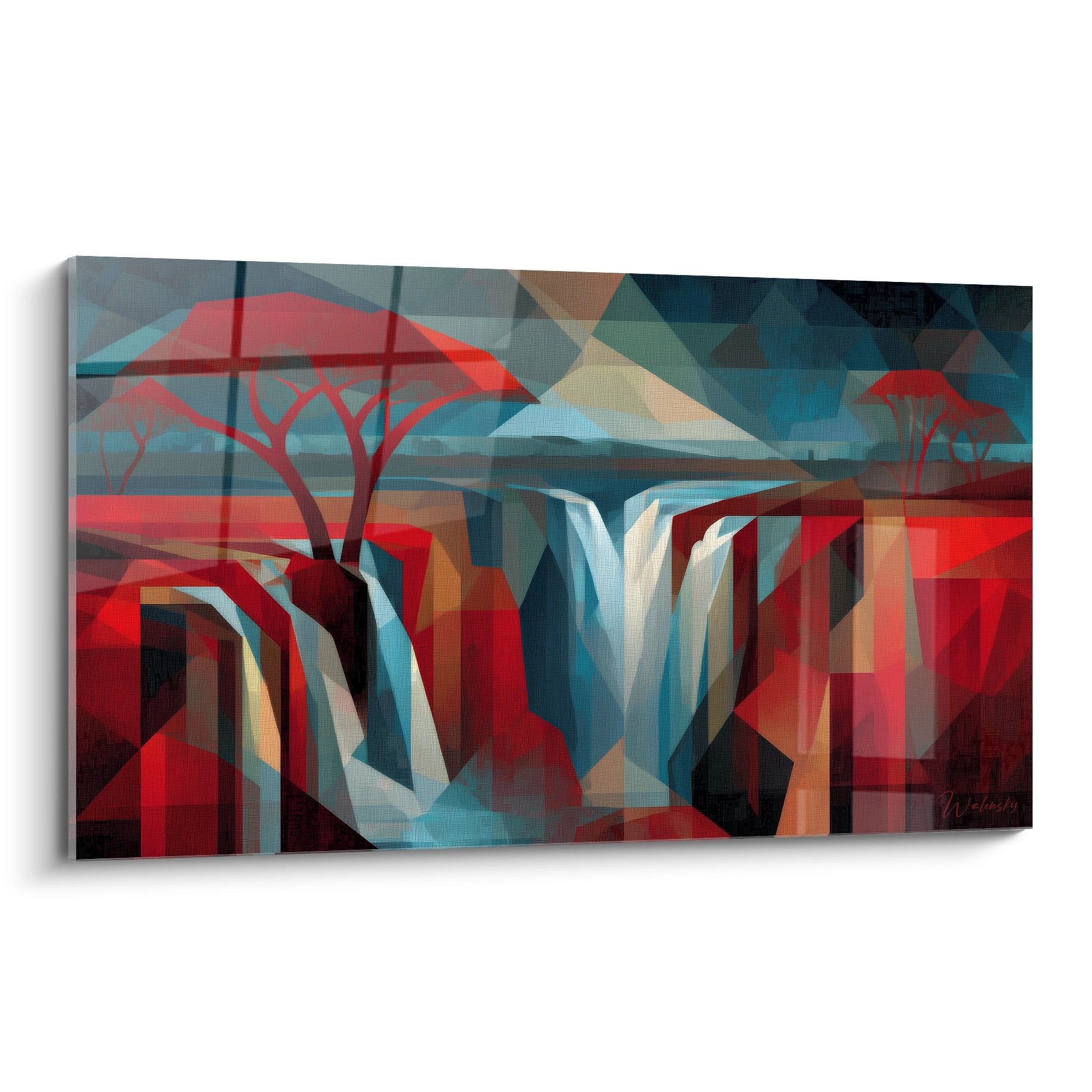 Tableau cascade géométrique abstrait aux formes cubistes colorées rouge et bleu