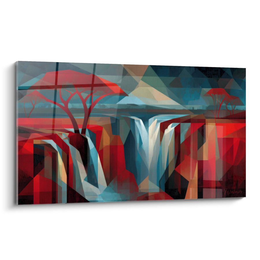Cuadro cascada geométrica - Paisaje abstracto cubista - edición cascada