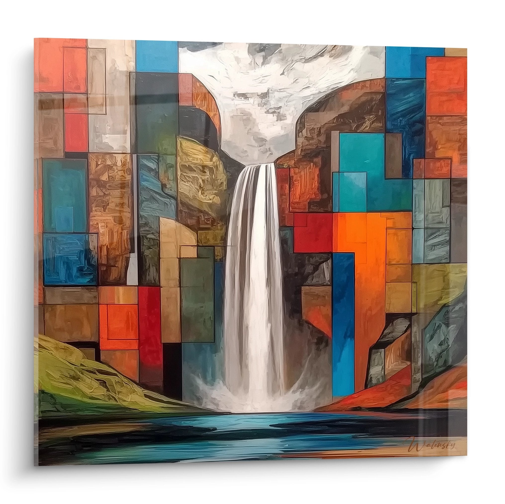 Tableau cascade abstraite géométrique avec chute d'eau et blocs colorés