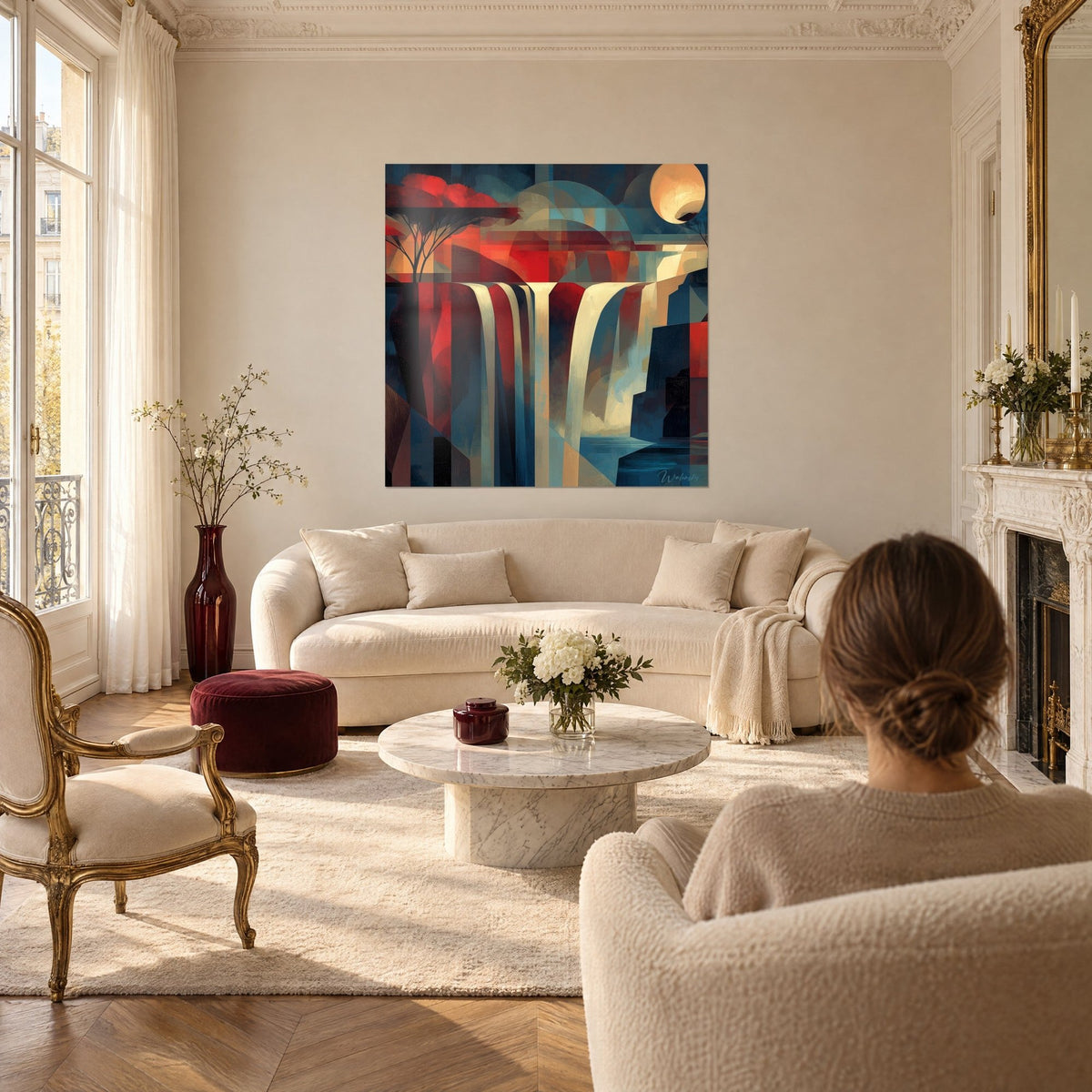 Wall art cubist waterfall with cream, bright red and midnight blue bands, two people seen from behind, above a sofa in a bright living room
