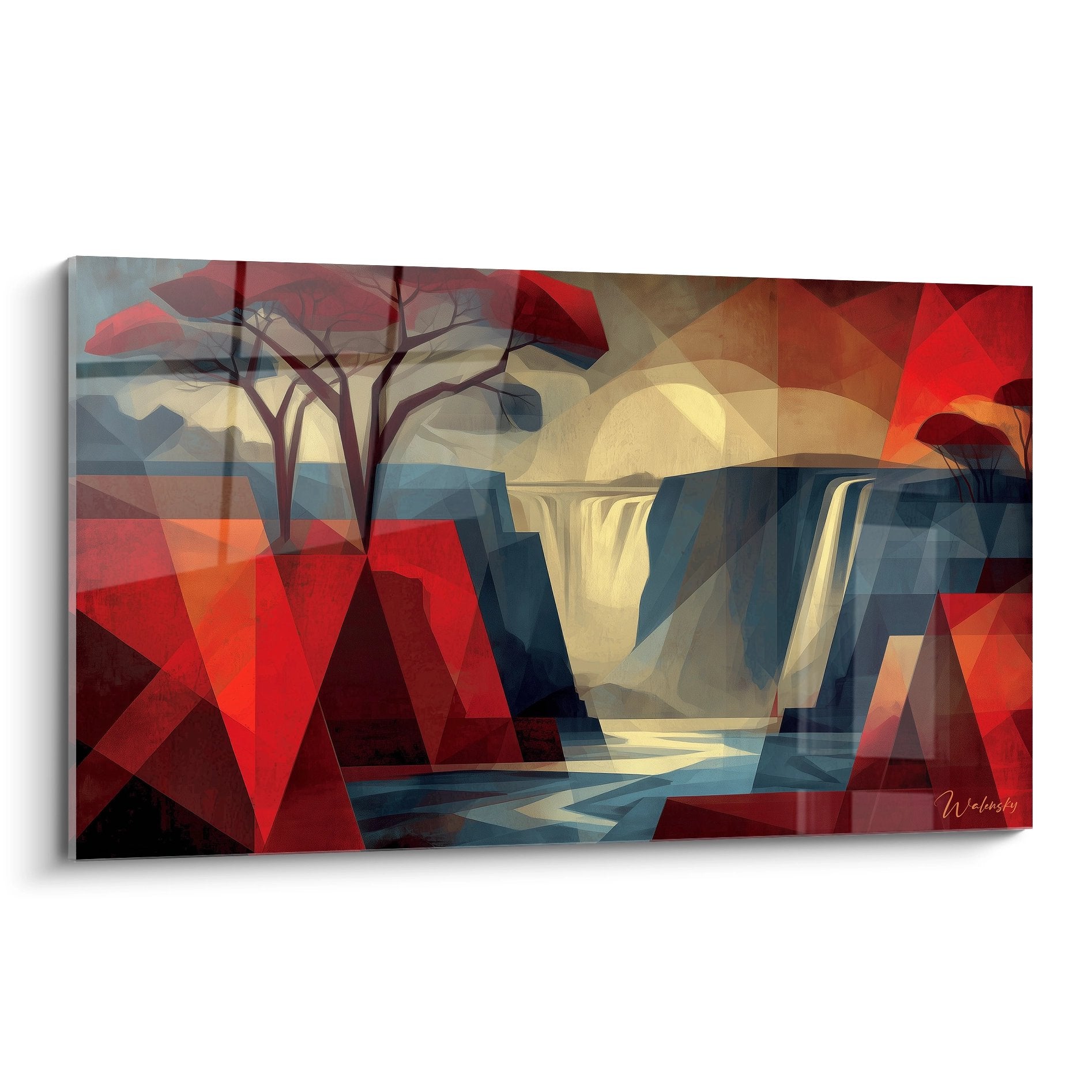 Tableau mural cascade géométrique style cubiste aux tons rouge orange et bleu