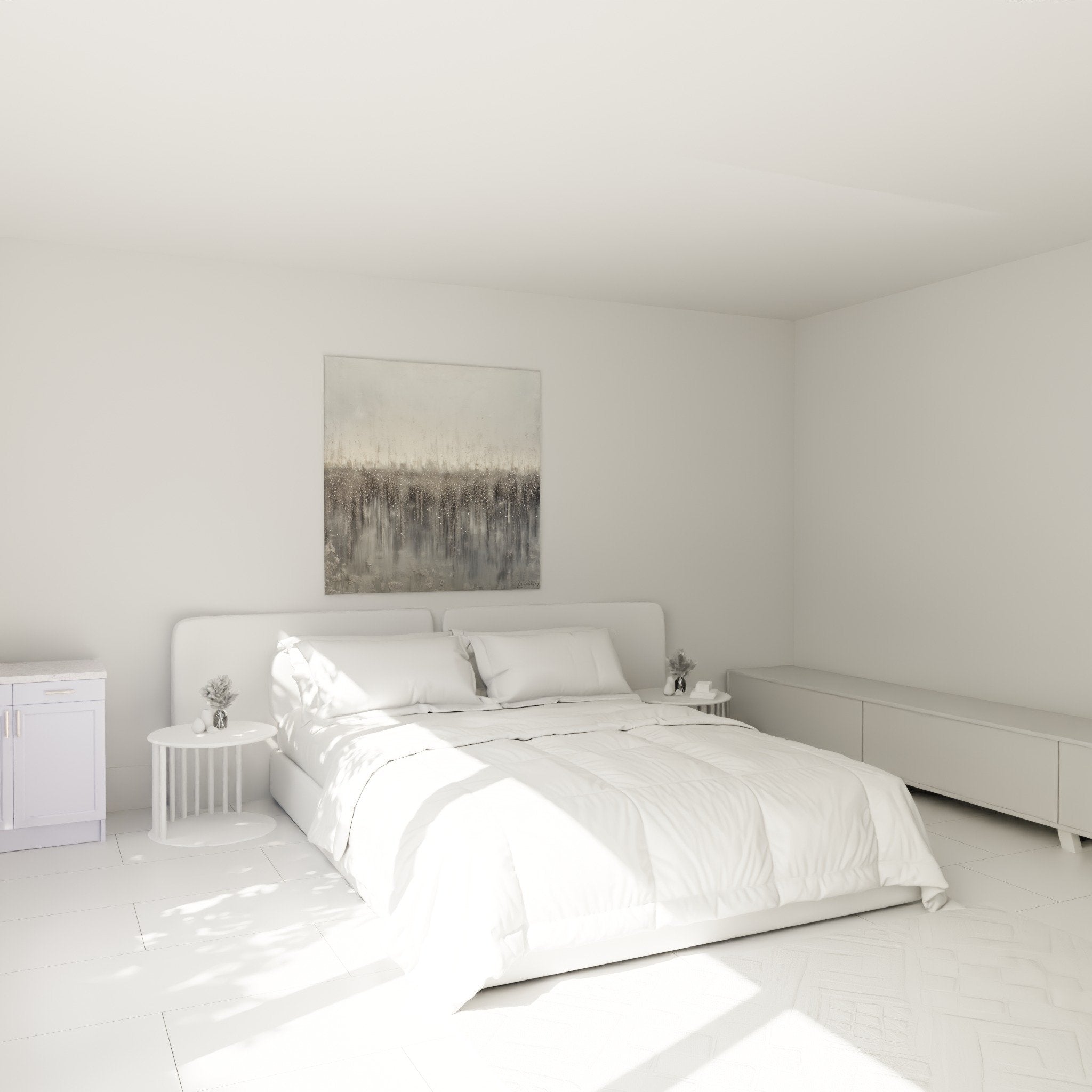 Tableau cascade abstraite gris blanc au dessus lit chambre decoration feng shui metal apaisante