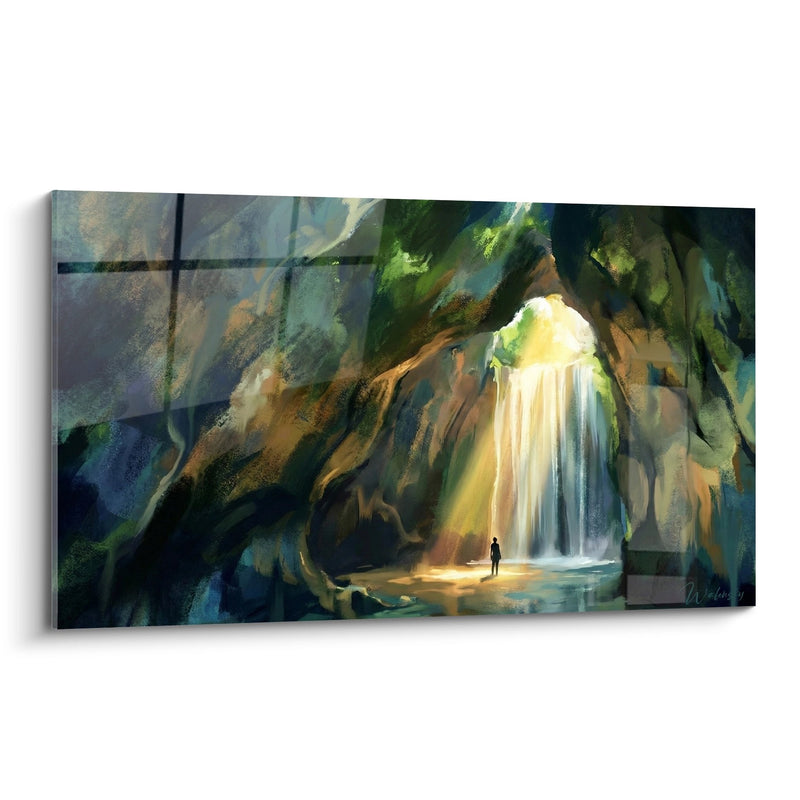Gemälde Mystischer Wasserfall in üppiger grüner Grotte mit goldenen Reflexen - Heiliges Licht - Bali Edition