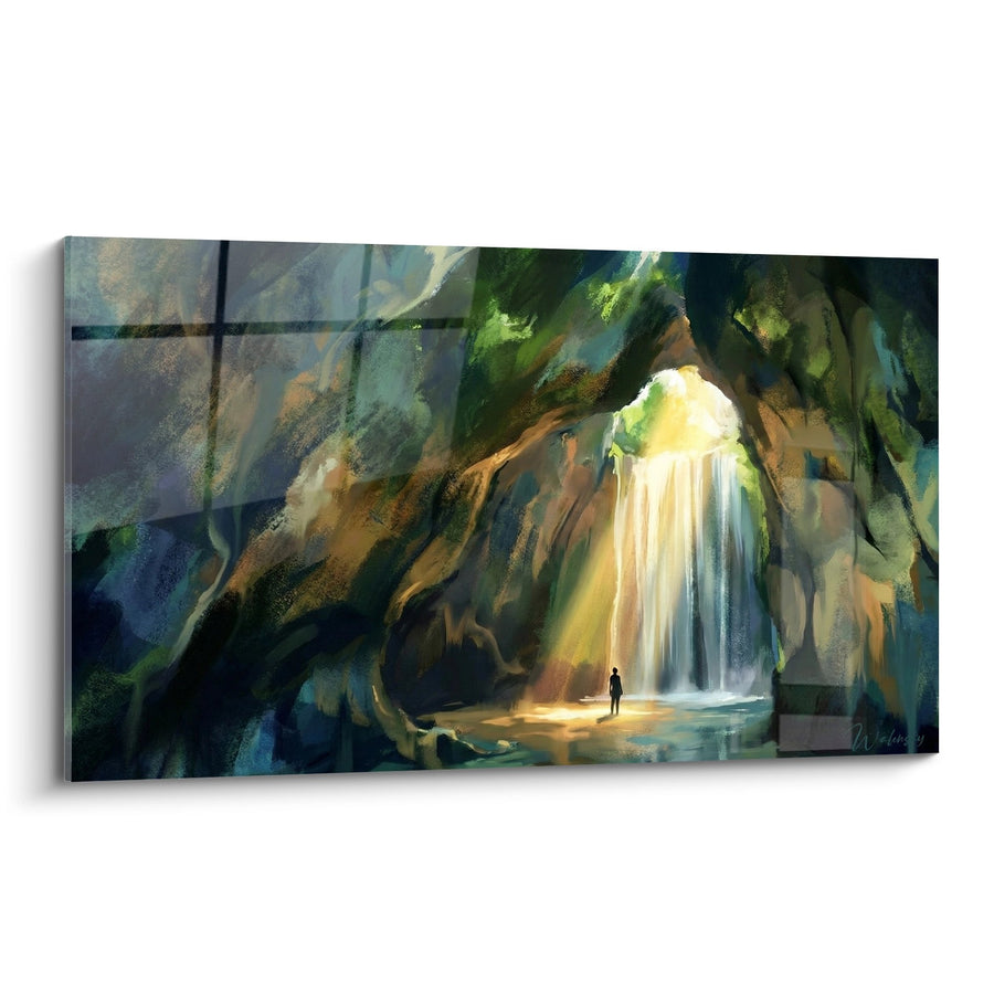 Tableau Cascade Mystique dans Grotte Verdoyante aux Reflets Dorés - Lumière Sacrée - Edition Bali