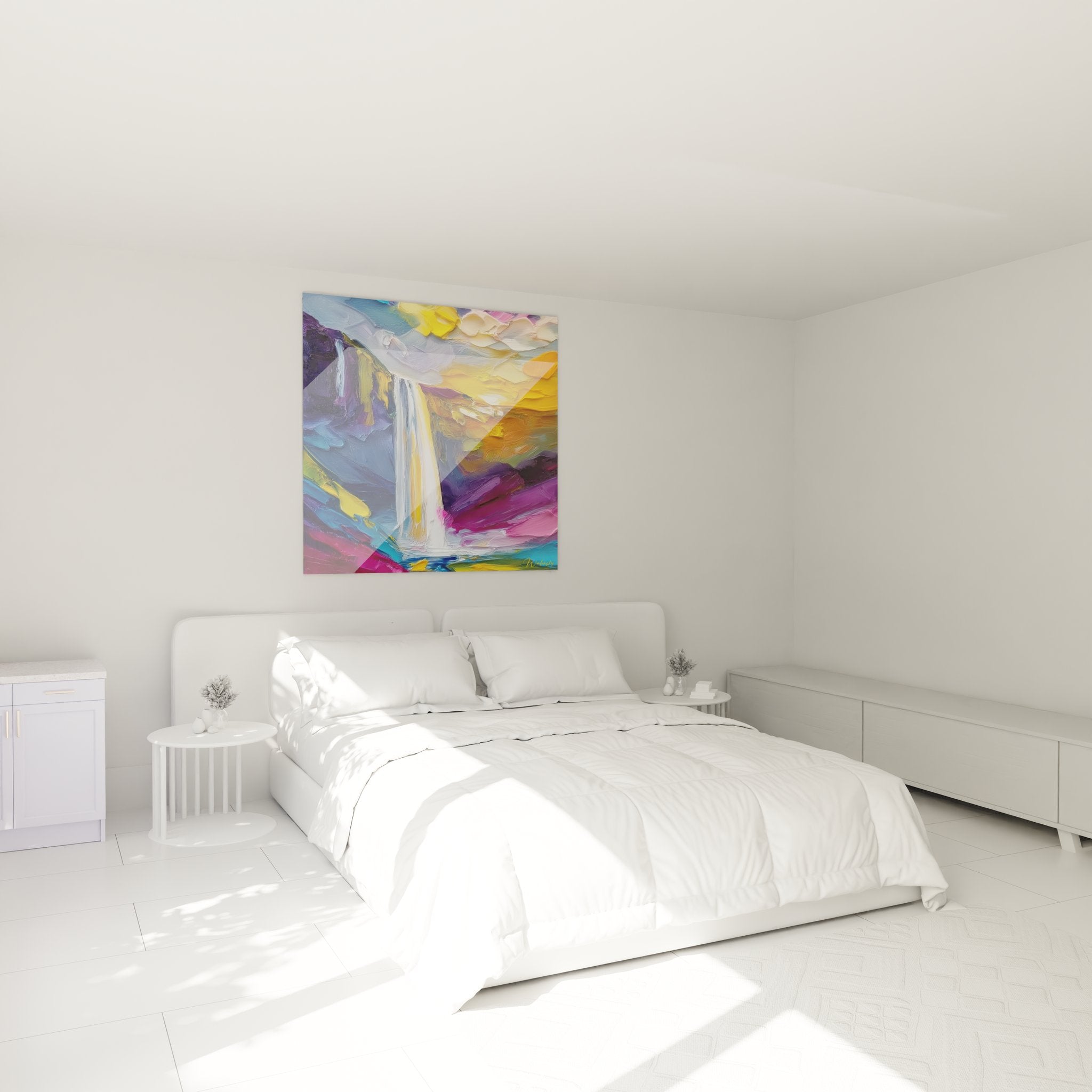 Tableau mural cascade coloré dans ambiance chambre moderne, décoration artistique impressionniste