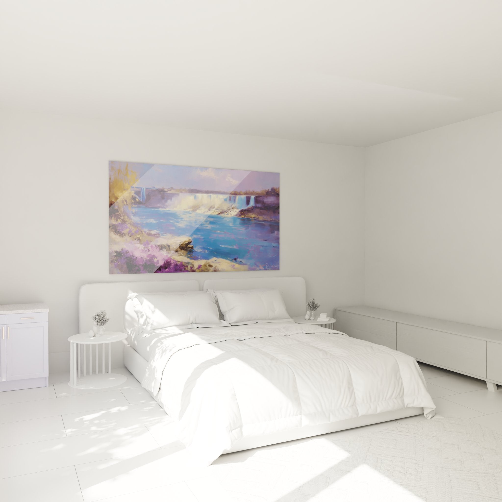 Tableau mural cascade impressionniste dans chambre moderne, décoration zen