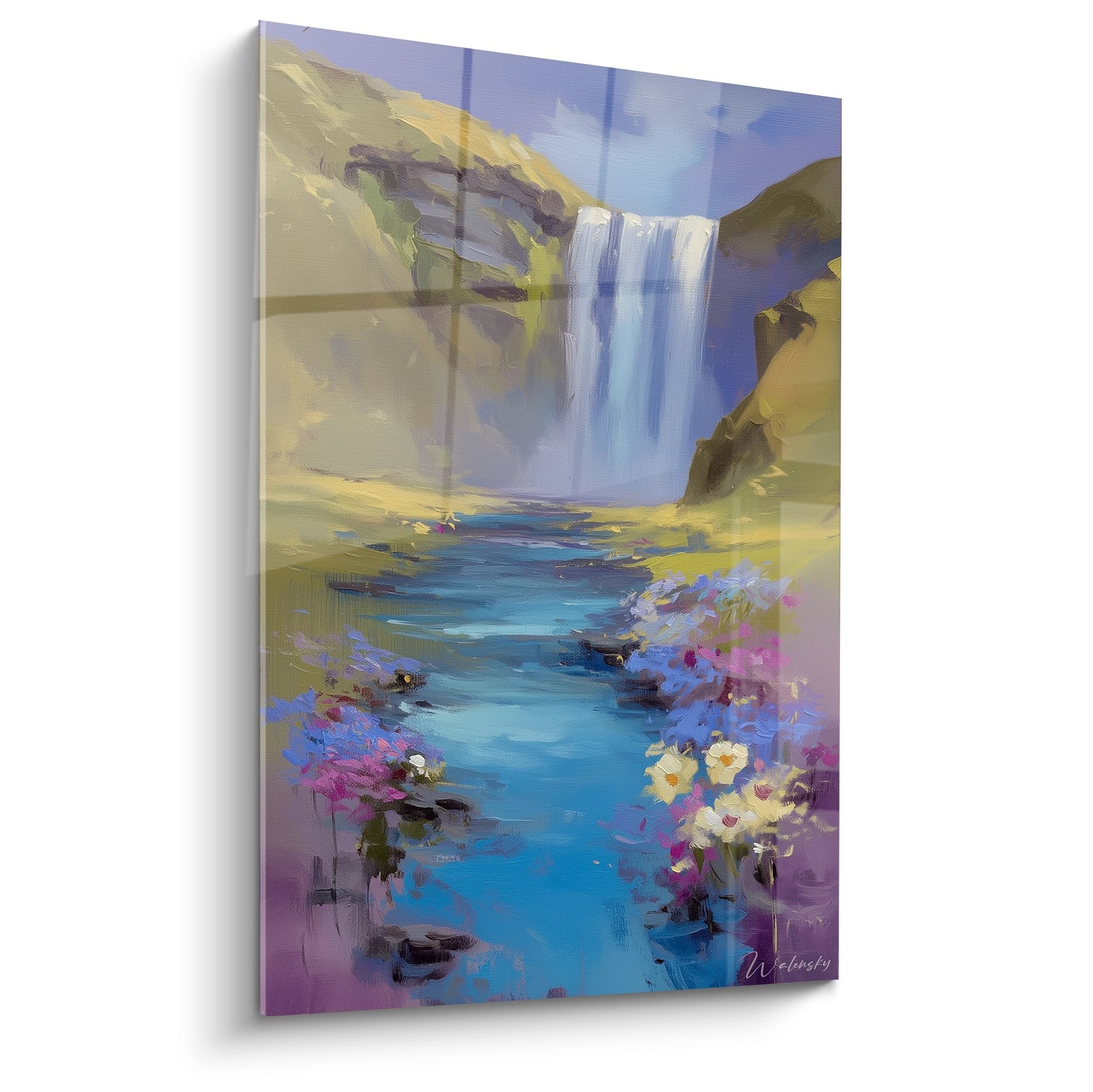 Tableau mural cascade impressionniste aux couleurs vibrantes avec chute d'eau et bassin turquoise