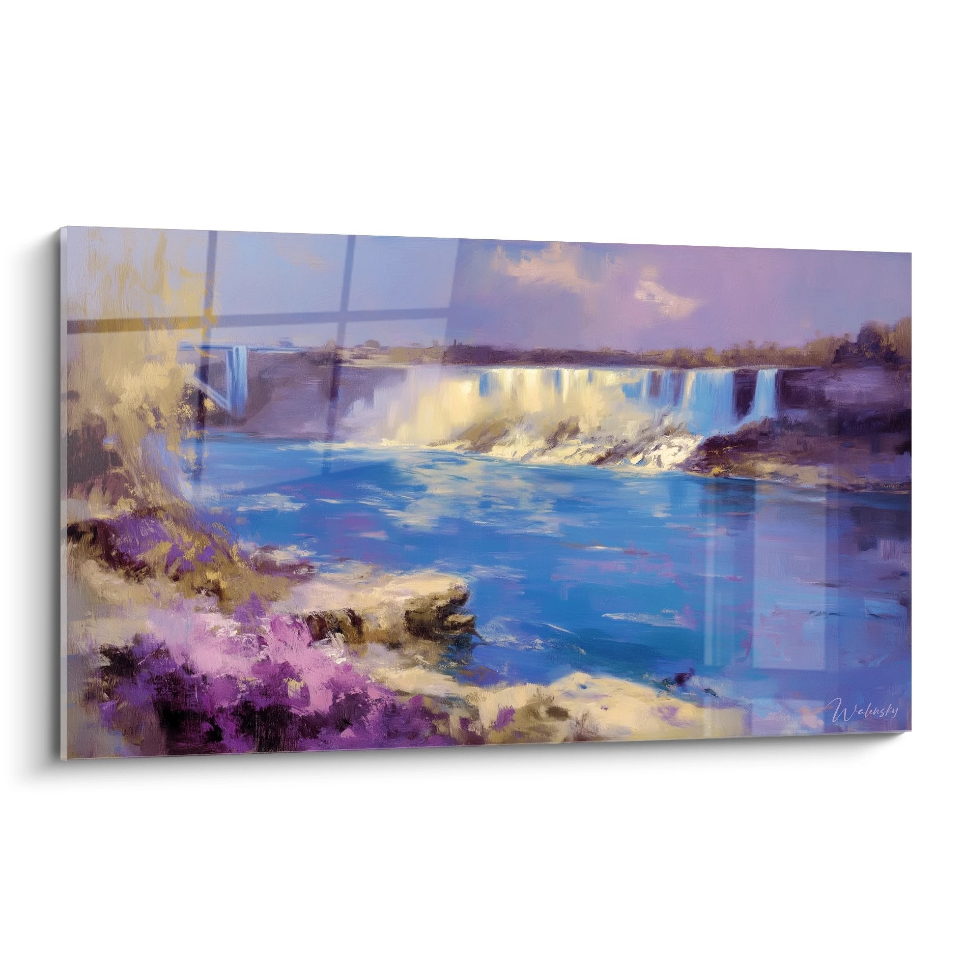 Tableau cascade impressionniste aux reflets pourpres et bleus, art mural moderne