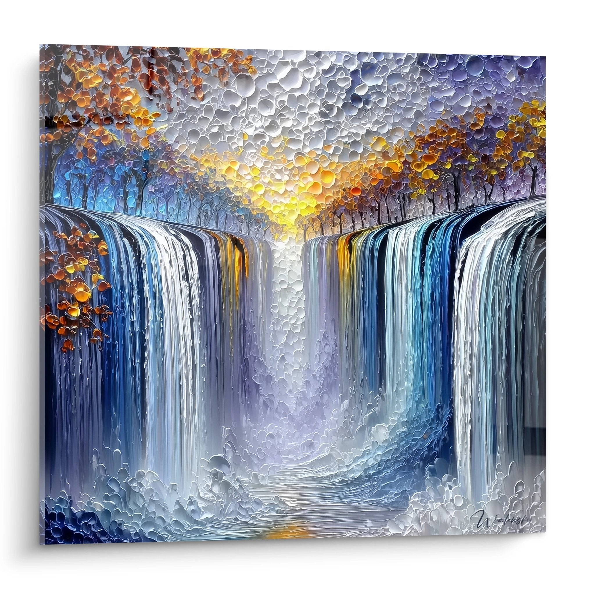 Tableau mural cascade jumelle automne avec texture 3D et feuillage coloré art moderne