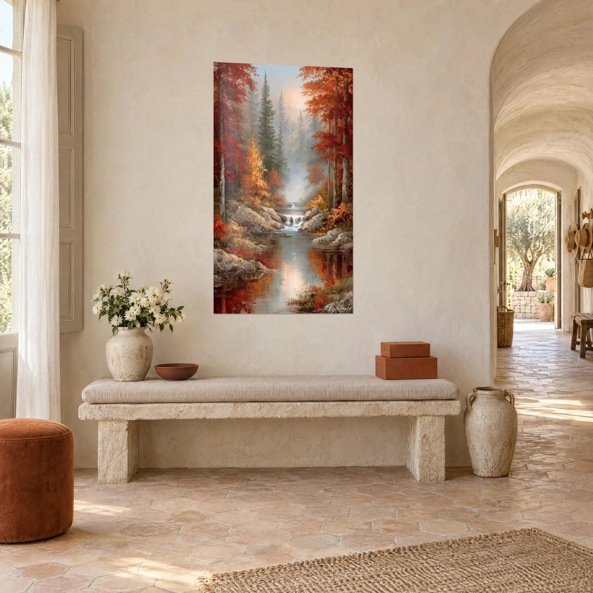 Wall art waterfall among red woods, golden mist, grey rocks and copper reflections, on a cream wall of a Provençal farmhouse