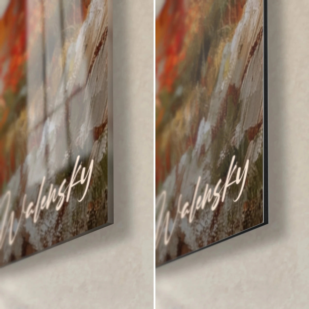 Wall art autumn waterfall, bottom right corner: glossy acrylic glass on the left, matte Dibond aluminium on the right, grey rocks and rust