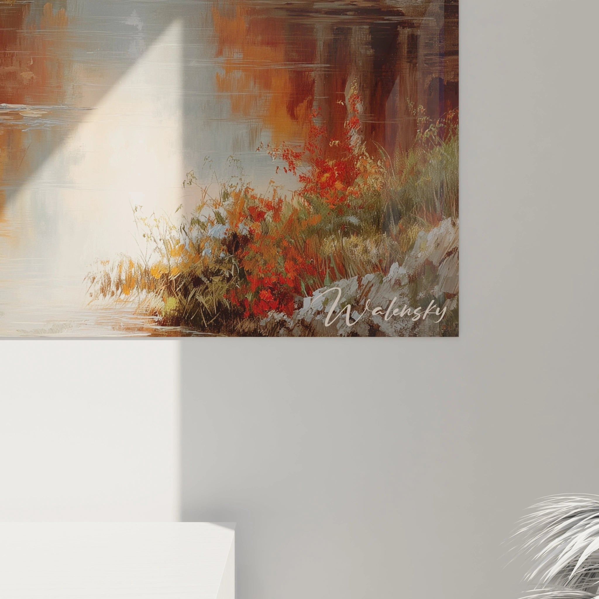 Walensky tableau paysage automnal mural aux teintes chaudes orange et rouge reflet d eau pour salon