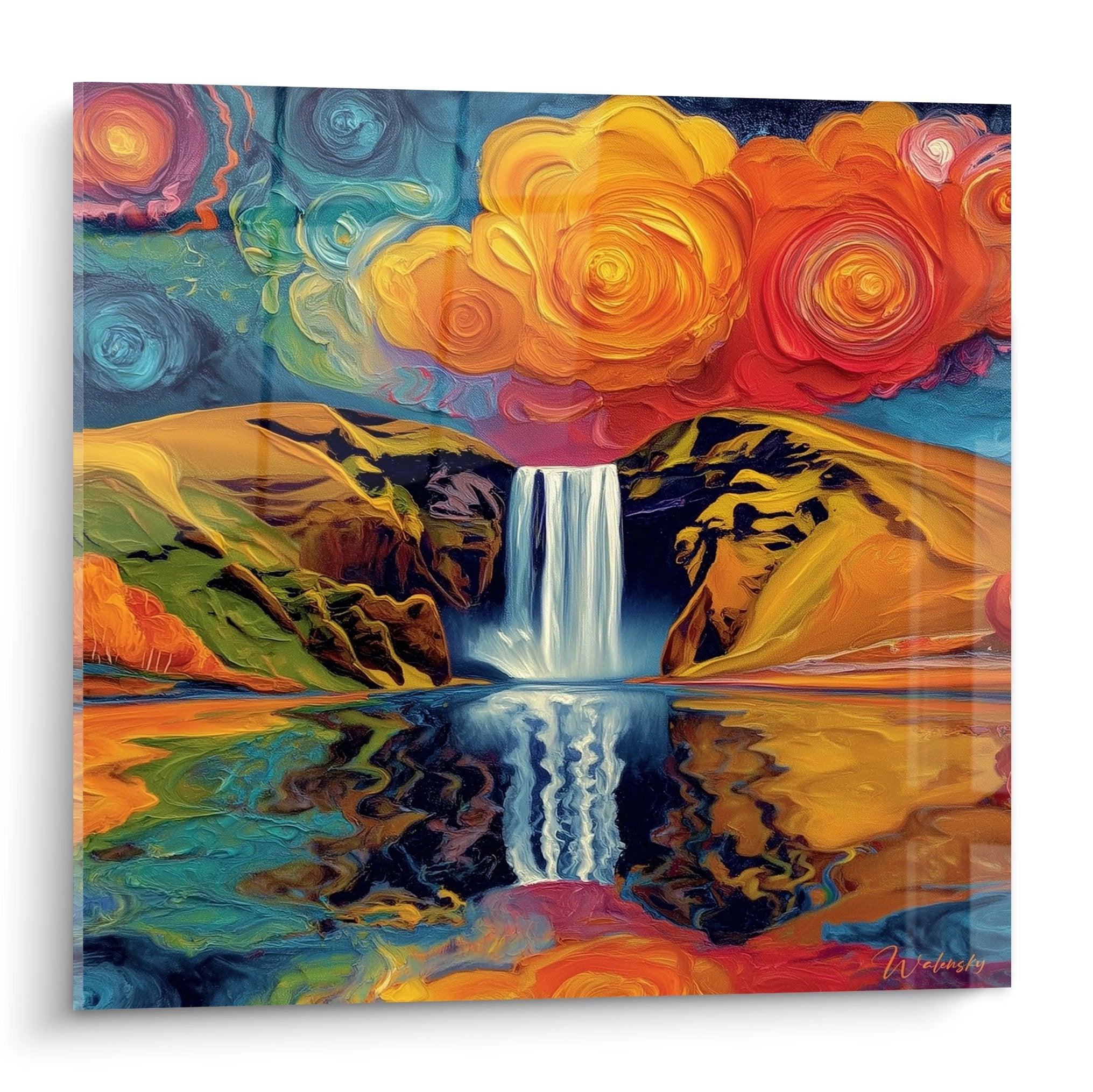 Tableau cascade majestueuse aux couleurs vibrantes style expressionniste moderne art mural décoratif