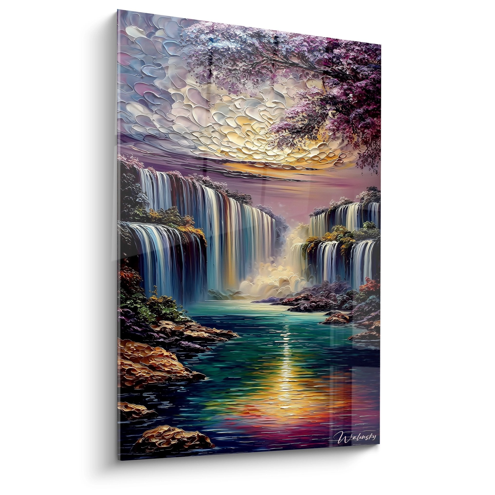 Tableau mural cascade majestueuse aux tons dorés et violets avec chutes d'eau spectaculaires