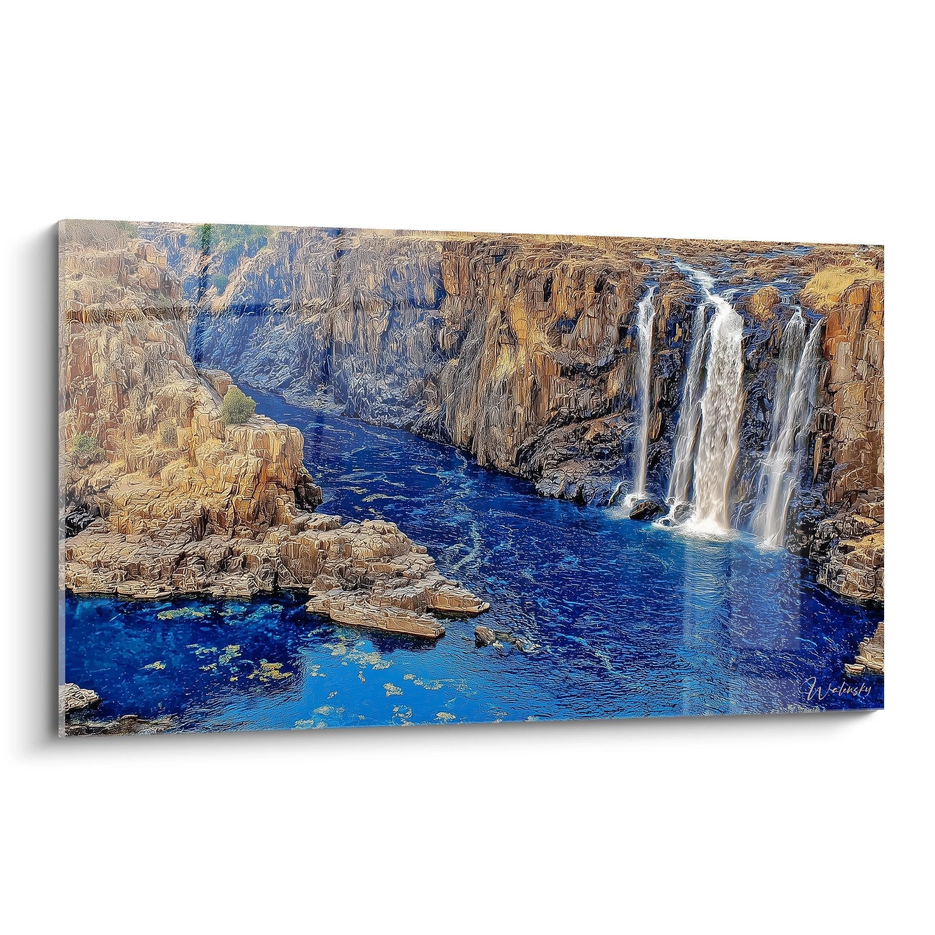 Tableau mural cascade majestueuse aux eaux cristallines dans gorge rocheuse dorée aux tons naturels