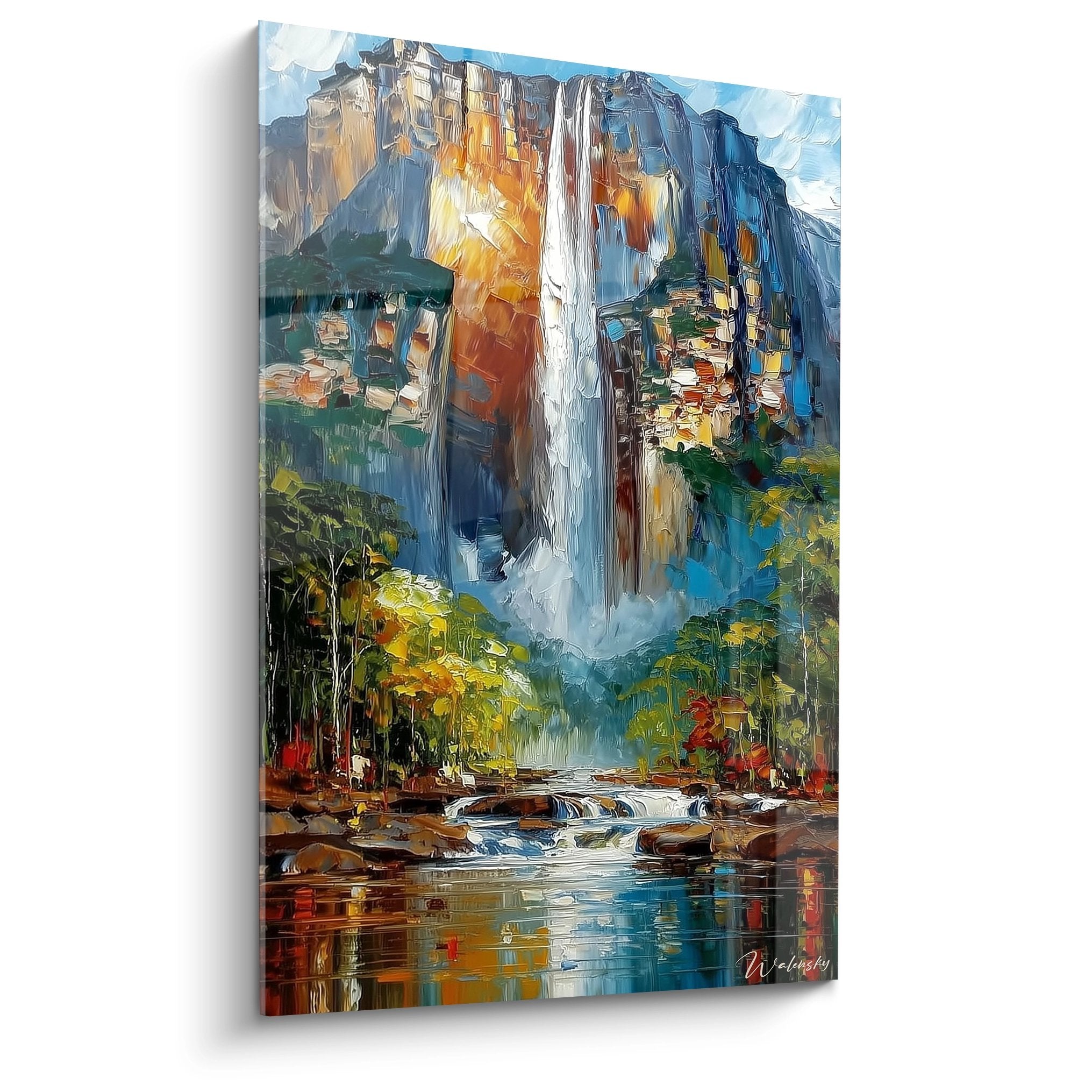 Tableau cascade montagne avec chute d'eau spectaculaire et reflets dorés sur toile