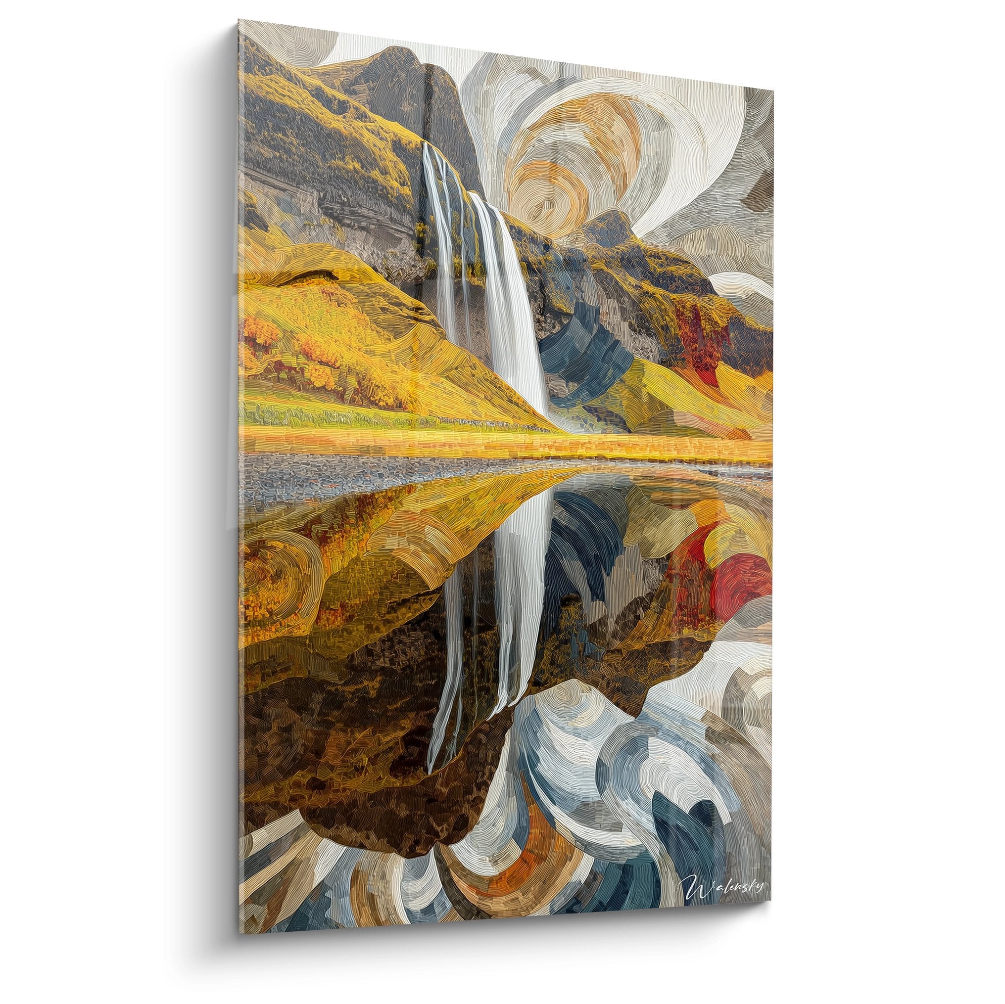 Tableau cascade montagne doré avec reflets, art mural moderne aux tons chauds et froids contrastés
