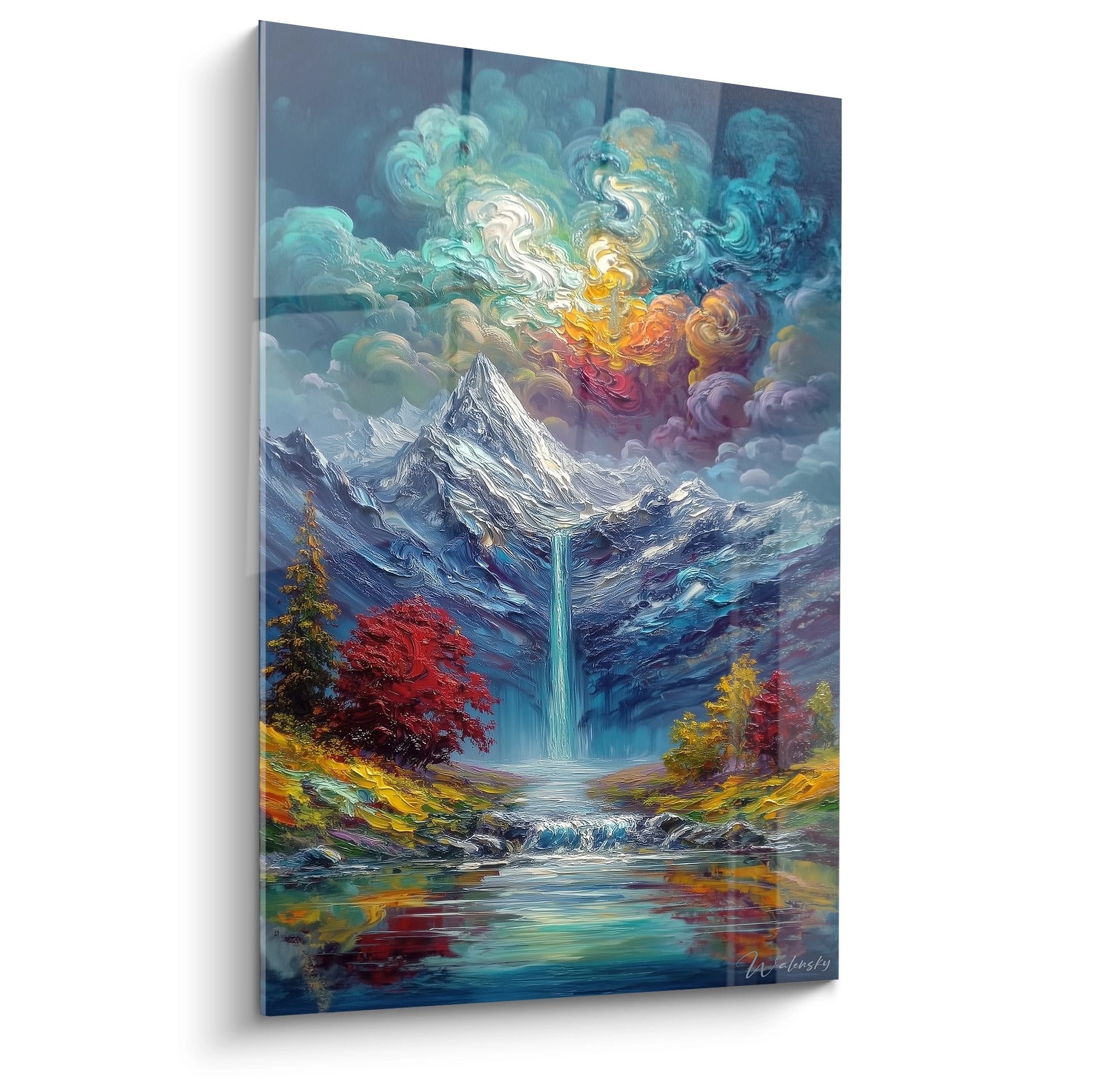 Tableau cascade montagne mystique avec nuages colorés turquoise et dorés, paysage fantastique art mural