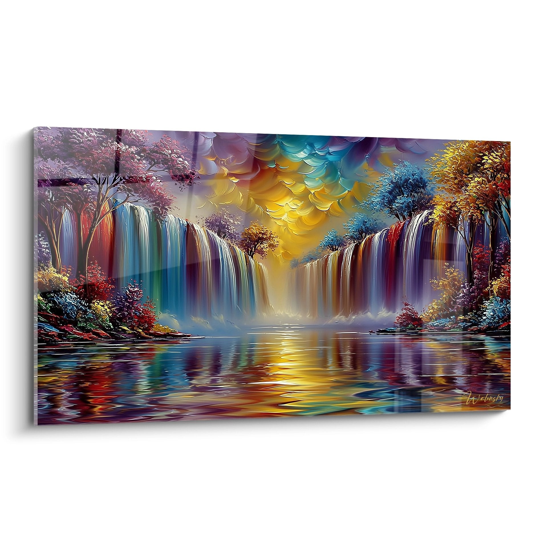 Tableau cascade multicolore avec reflets arc-en-ciel et végétation automnale - art mural fantastique