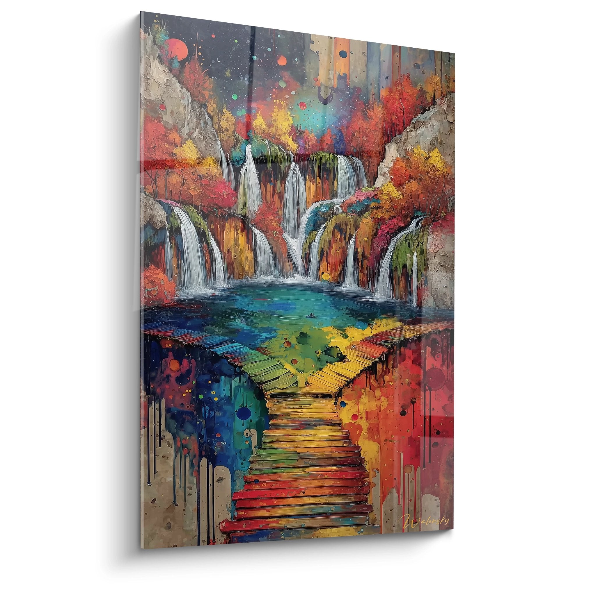 Tableau mural cascade multicolore avec escalier arc-en-ciel et végétation explosive aux couleurs automnales