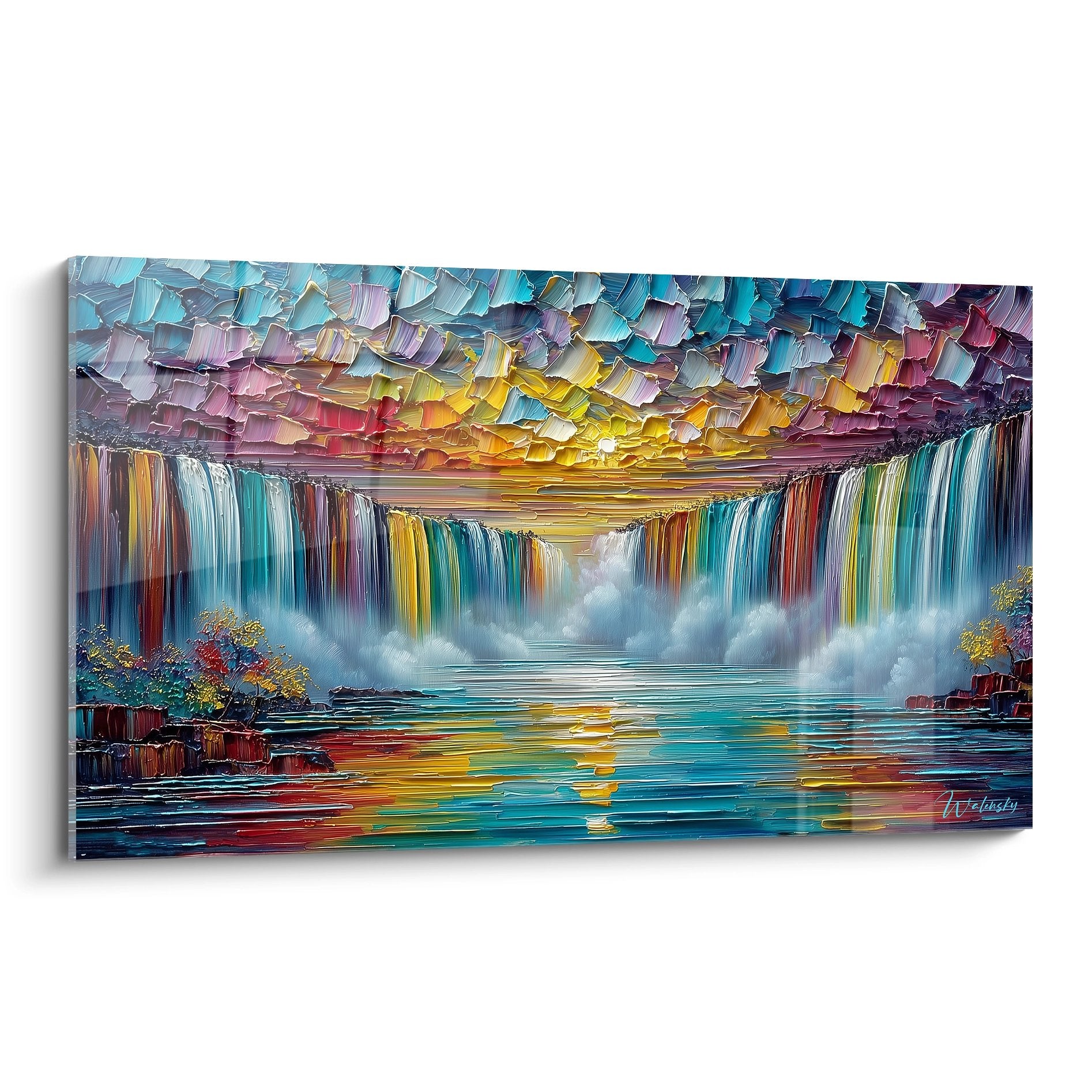 Tableau cascade multicolore impressionniste aux tons vibrants bleu violet jaune rouge pour décoration murale