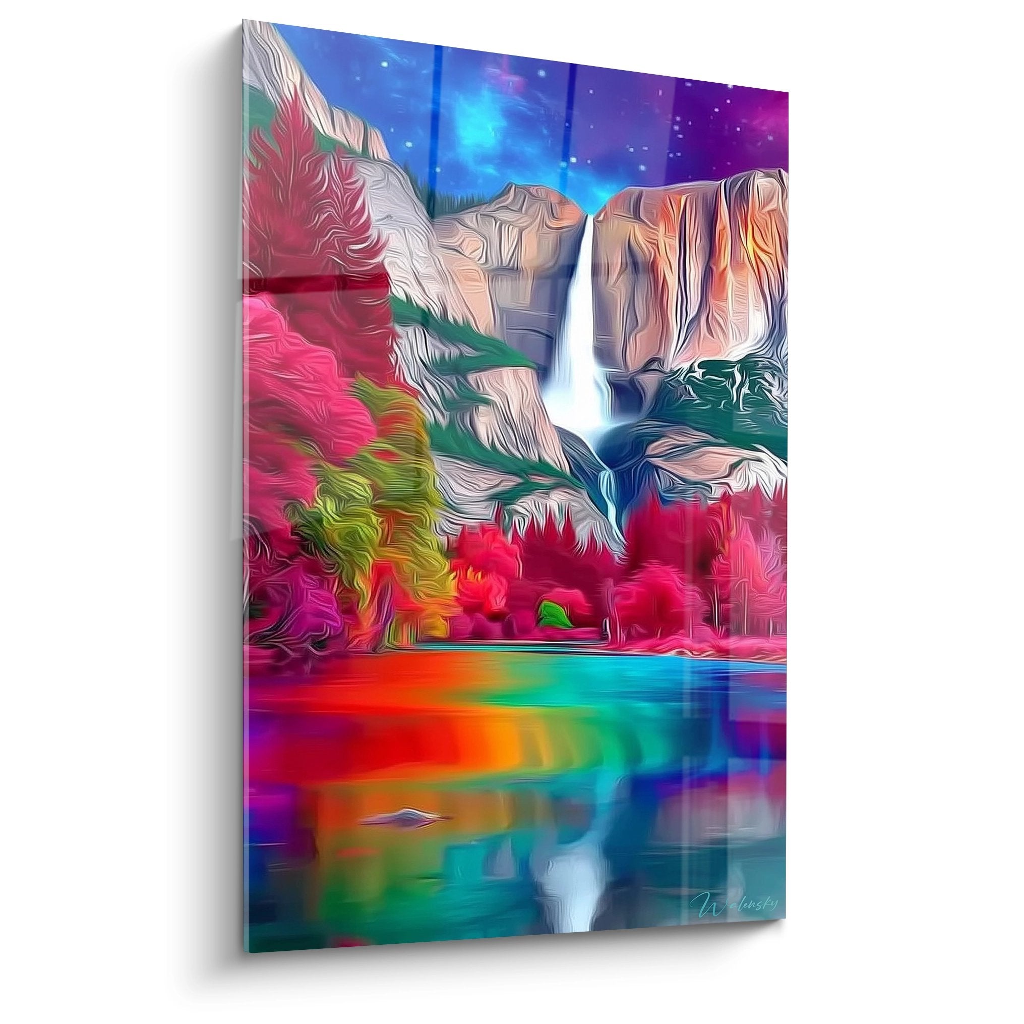 Tableau cascade mystique aux couleurs psychédéliques avec rochers texturés et reflets arc-en-ciel fantastiques
