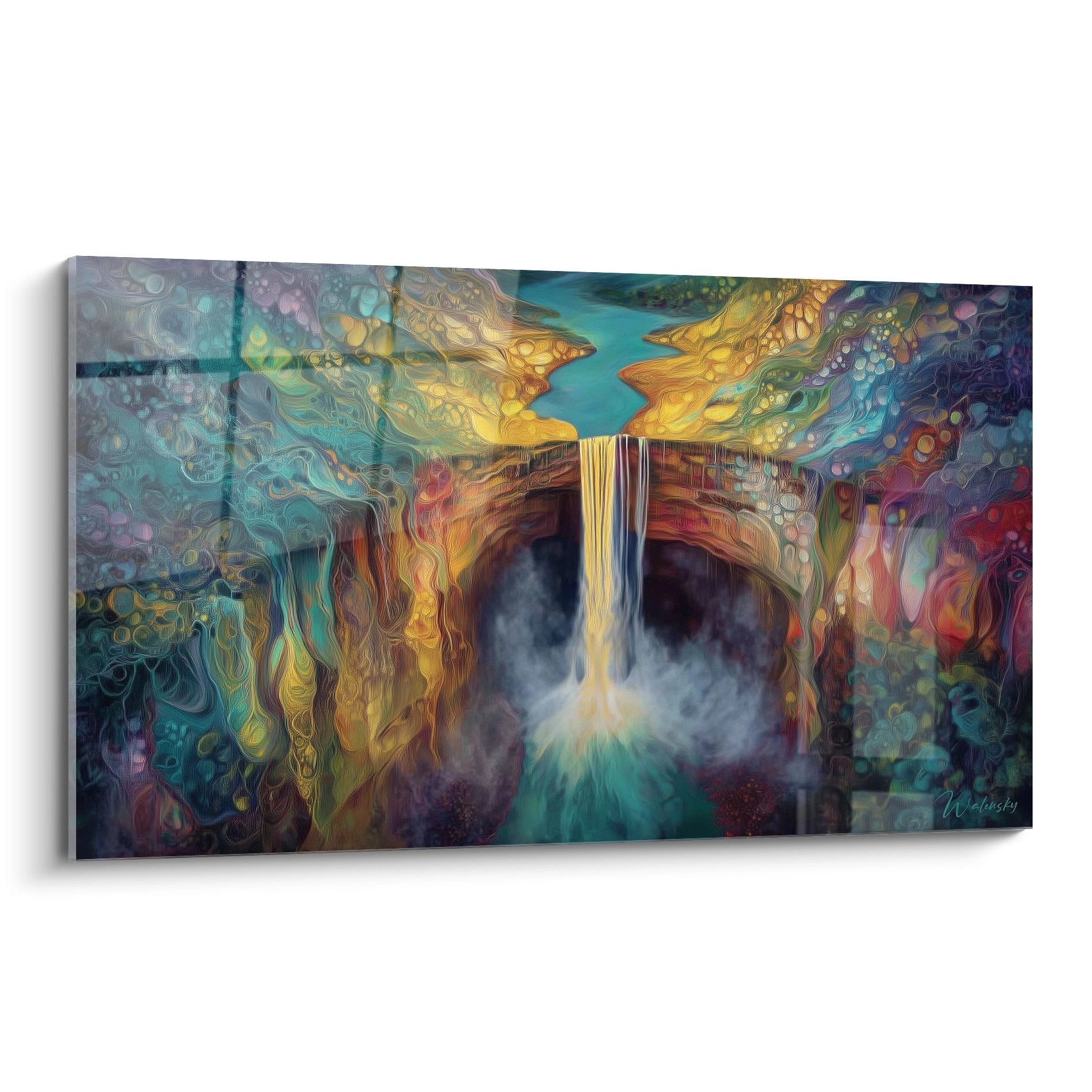 Tableau cascade mystique dorée avec formations rocheuses psychédéliques et vapeurs colorées