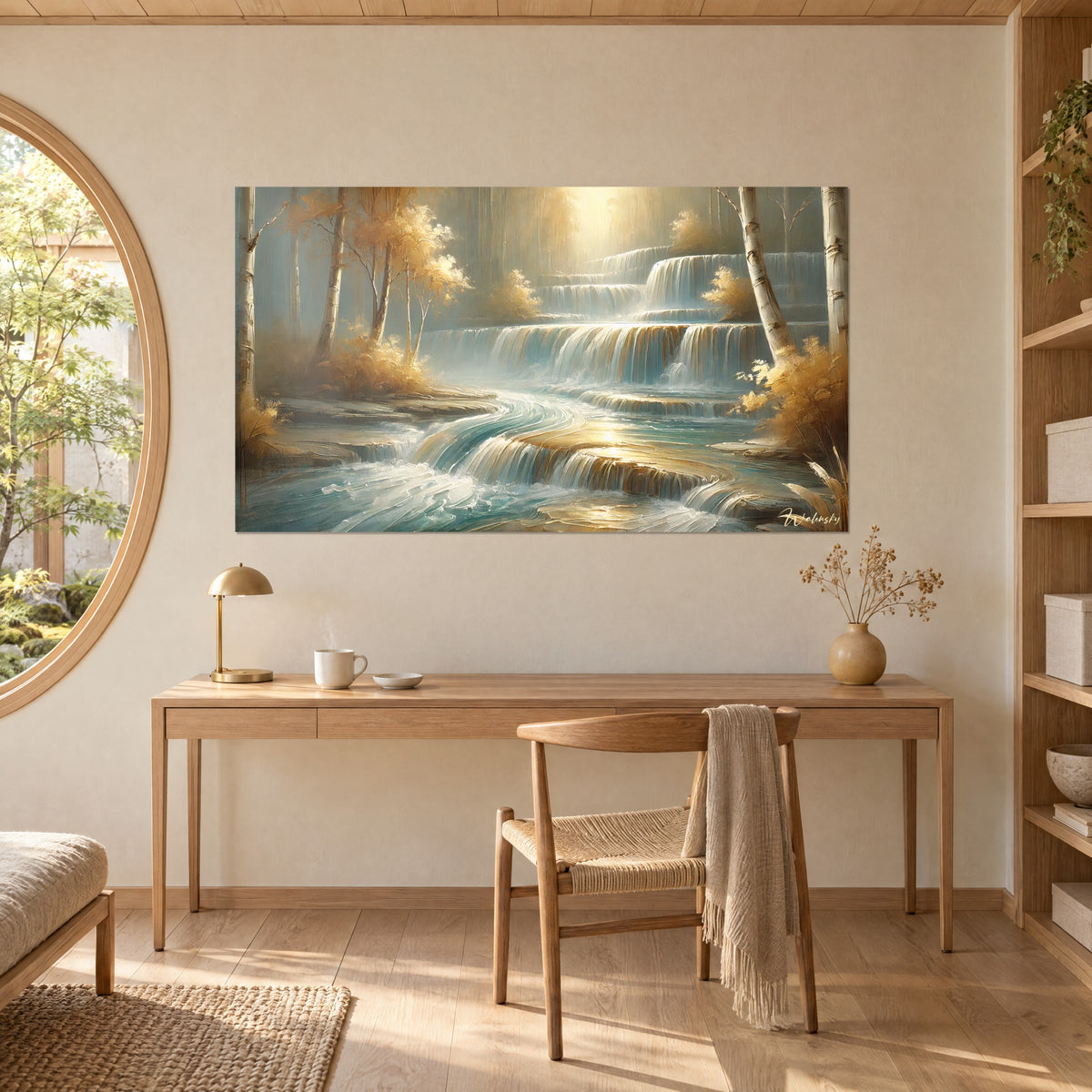 Quadro paesaggio di betulle e cascate a gradoni, tocchi ocra e blu ghiacciaio, sopra una scrivania in legno chiaro japandi