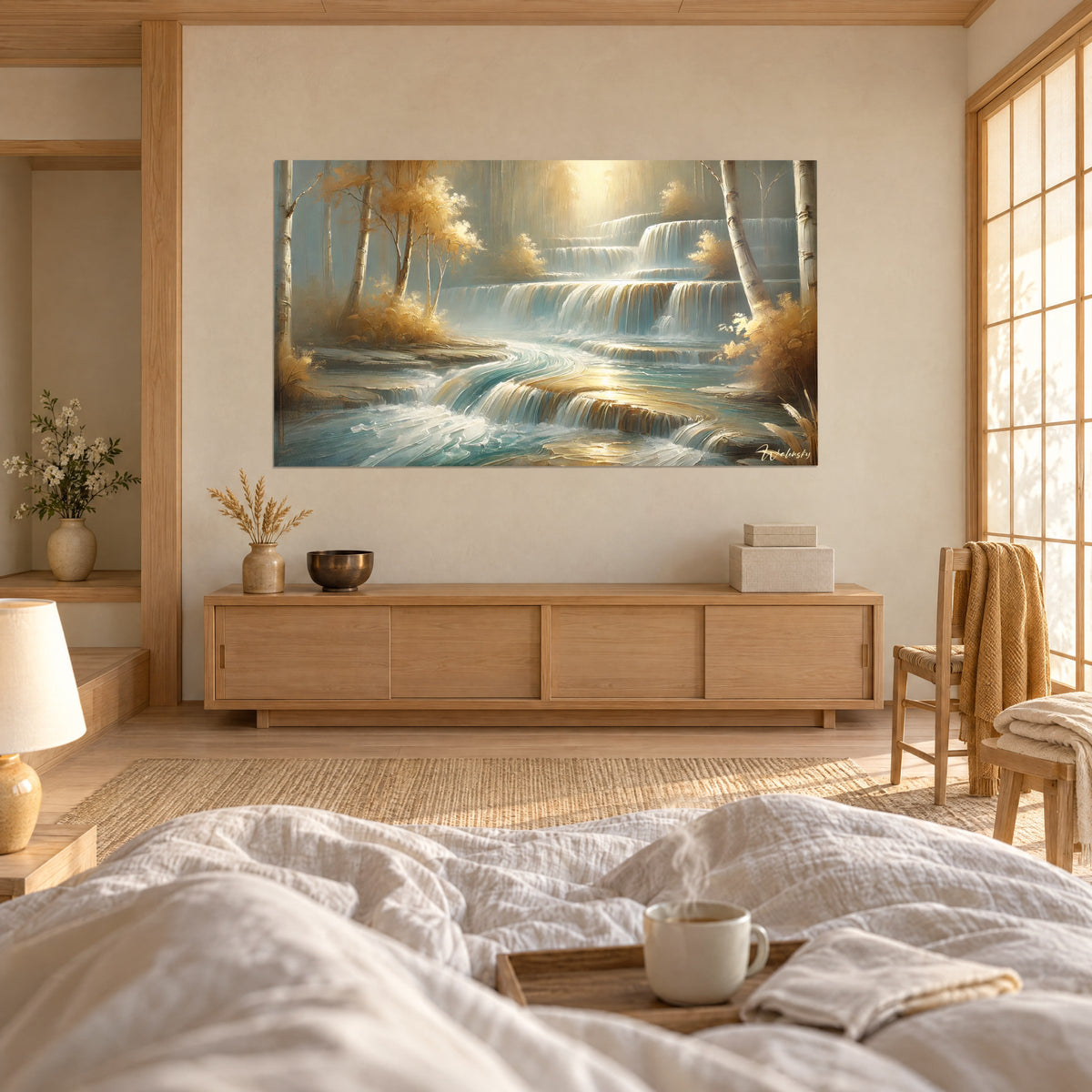 Quadro torrente a terrazze, fogliame dorato e acqua turchese luminosa, plaid bianco, tazza su un vassoio, sopra un letto in una camera luminosa