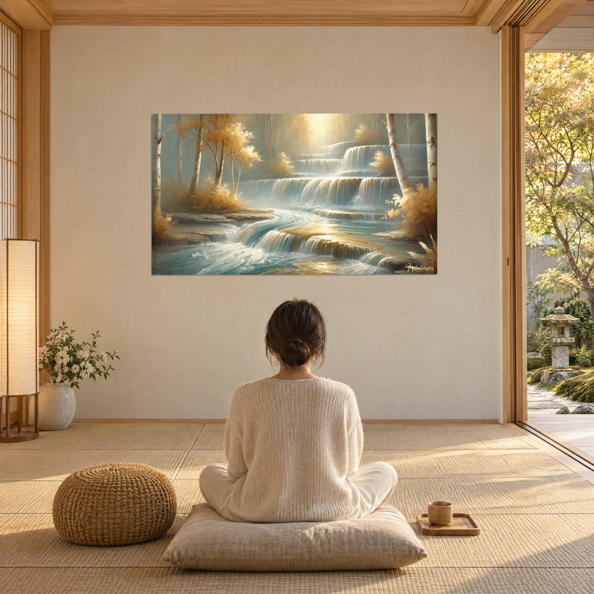 Quadro acqua viva in cascate a gradoni, alberi ambrati, foschia luminosa, donna di spalle seduta su un cuscino, vetrata che affaccia sul giardino