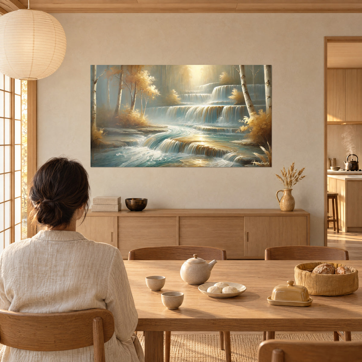 Quadro betulle argentate e gradini d'acqua dorati, donna di spalle al tavolo in legno, teiera, parete color crema, interno japandi