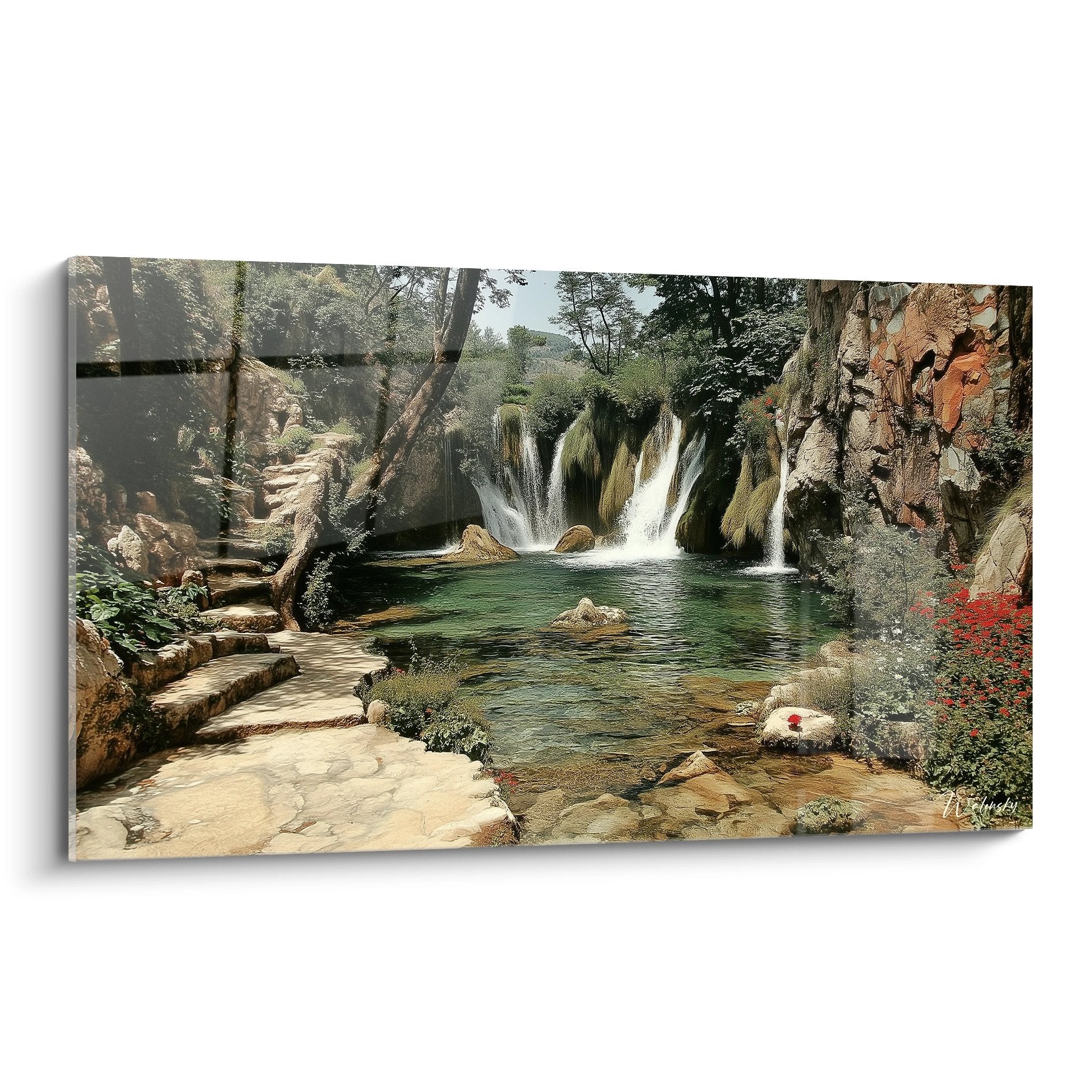 Tableau mural cascade naturelle avec bassins turquoise et rochers moussus, décoration zen