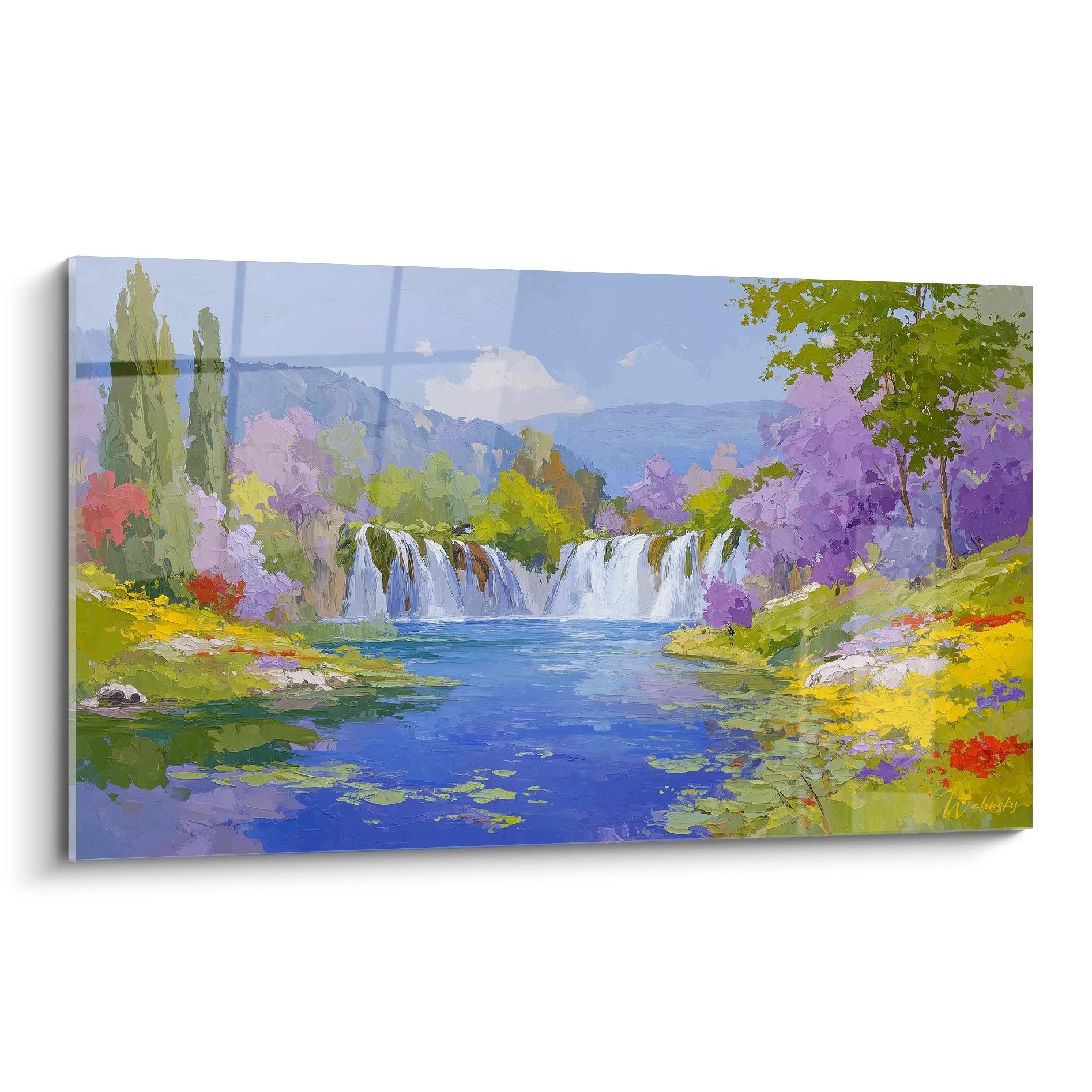 Tableau cascade naturelle avec végétation luxuriante et bassin turquoise pour décoration murale
