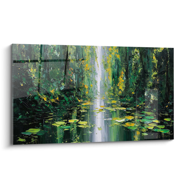 Cuadro Cascada y Nenúfares en Bosque Lujoso en Tonos Verdes - Serenidad Acuática - Edición Feng Shui Este Madera