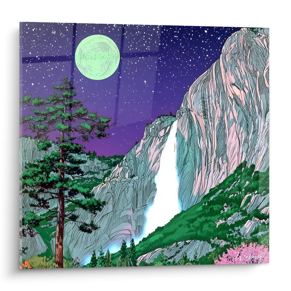 Cuadro paisaje montañoso nocturno - Cascada bajo la luna - edición cascada