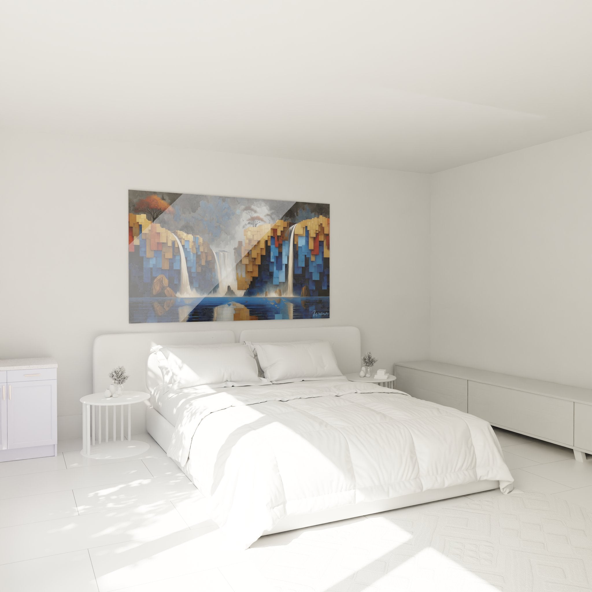 Tableau mural cascade pixel art dans ambiance chambre moderne et contemporaine