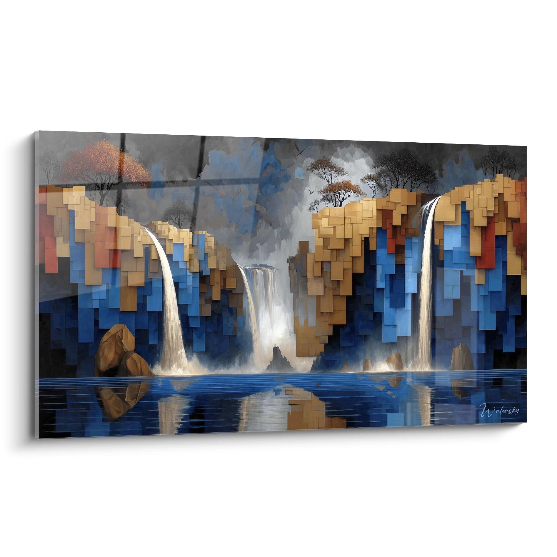 Tableau cascade pixellisée moderne avec chutes d'eau géométriques et reflets sur toile