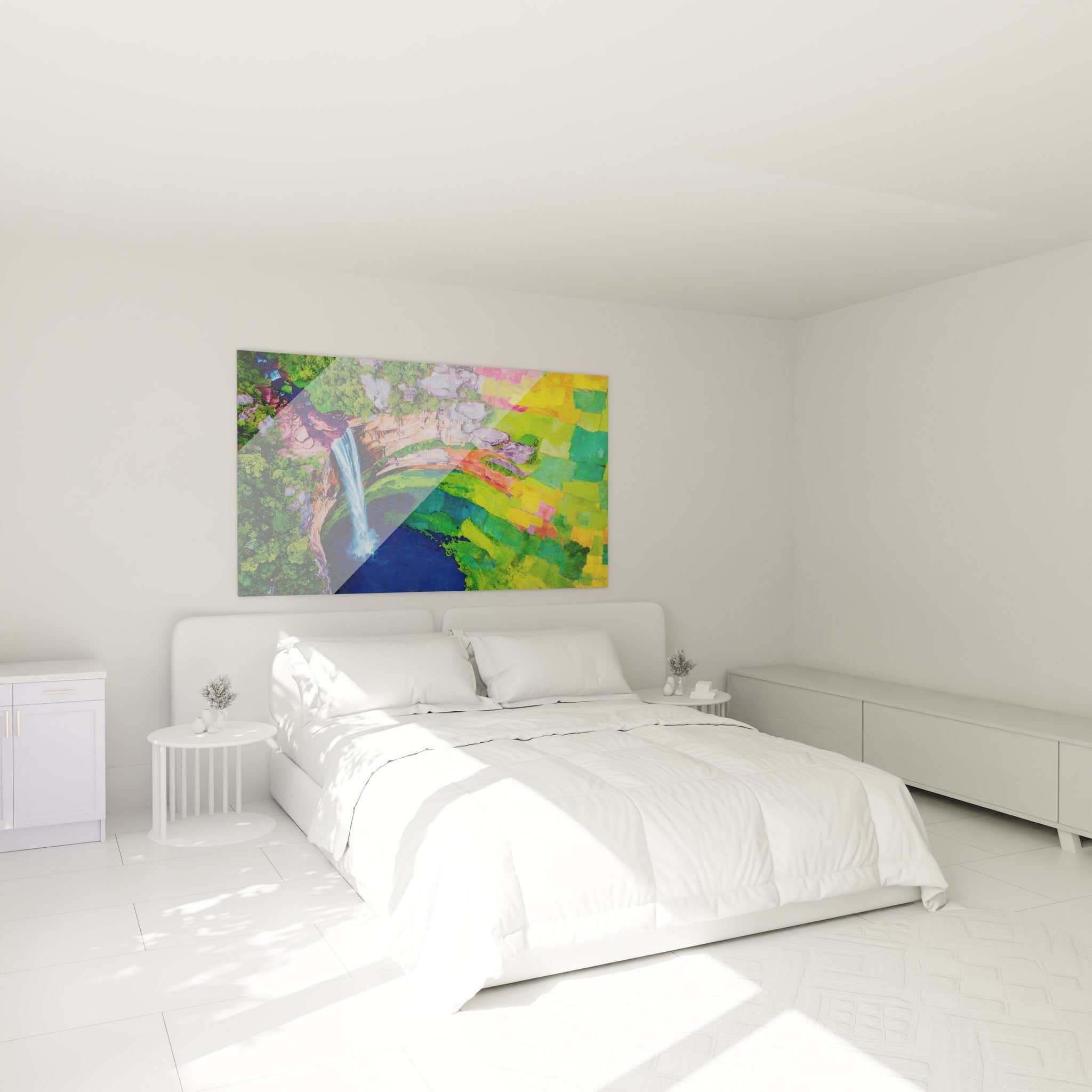 Tableau cascade colorée psychédélique décorant une chambre moderne avec effet arc-en-ciel