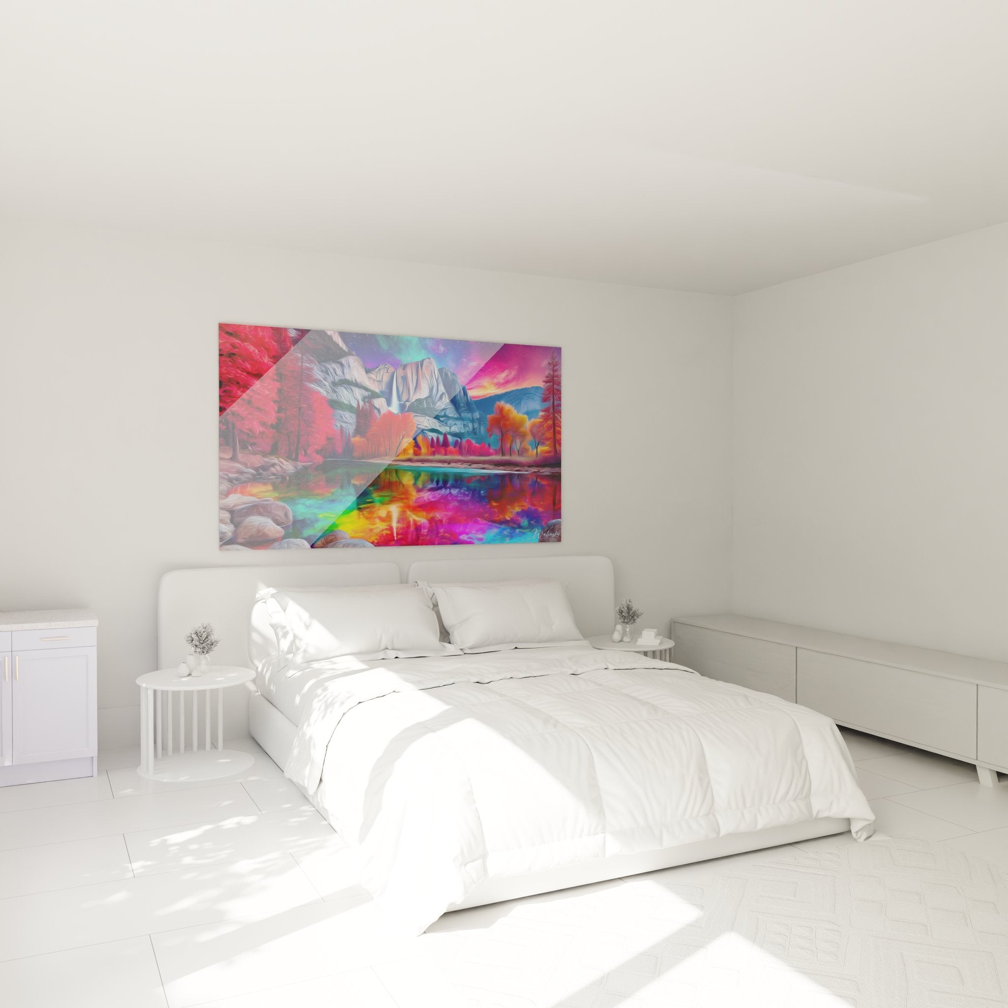Tableau cascade coloré décorant une chambre moderne avec ambiance artistique contemporaine