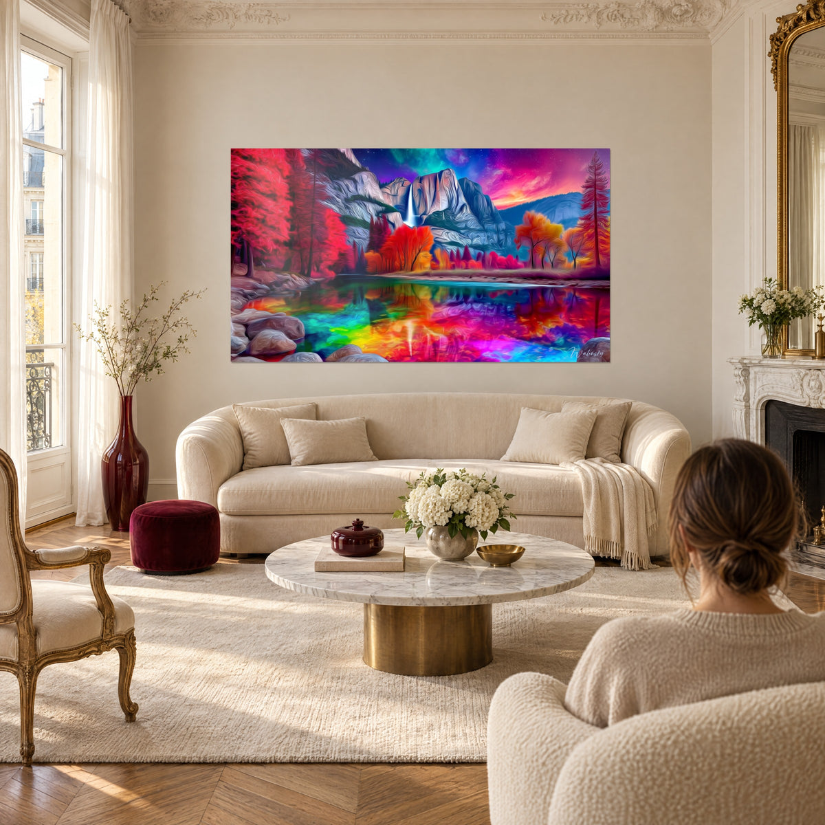 Tableau cascade blanche sous un ciel d'aurore violet, forêt rouge vif et lac arc-en-ciel, au-dessus d'un canapé dans un salon lumineux