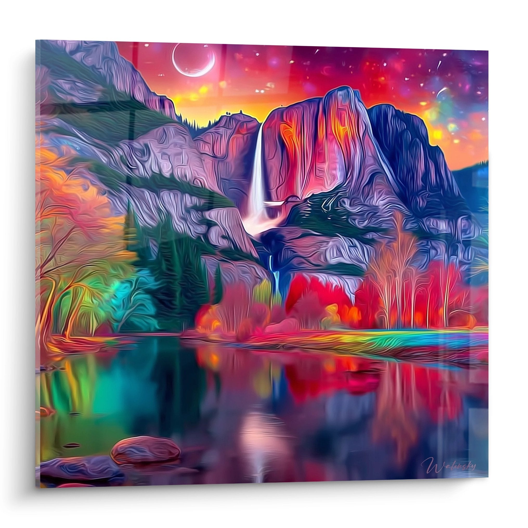 Tableau mural cascade psychédélique aux couleurs vives avec montagne violette et reflets cosmiques