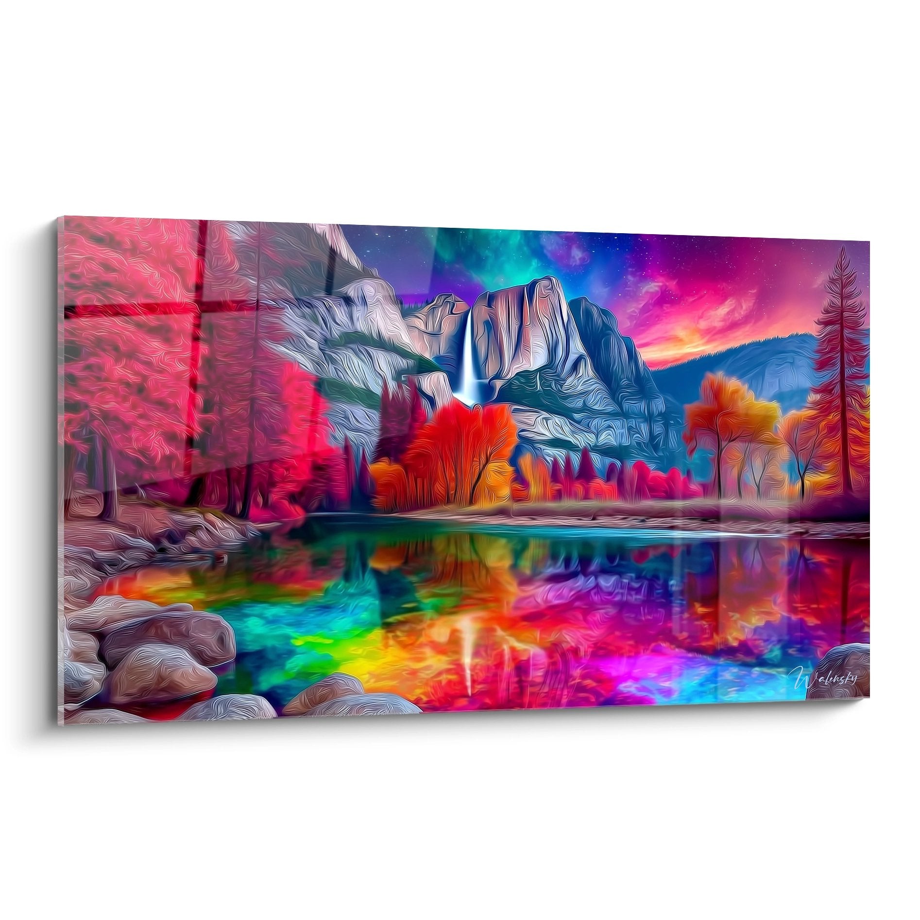 Tableau cascade psychédélique aux couleurs vibrantes avec reflets multicolores dans l'eau