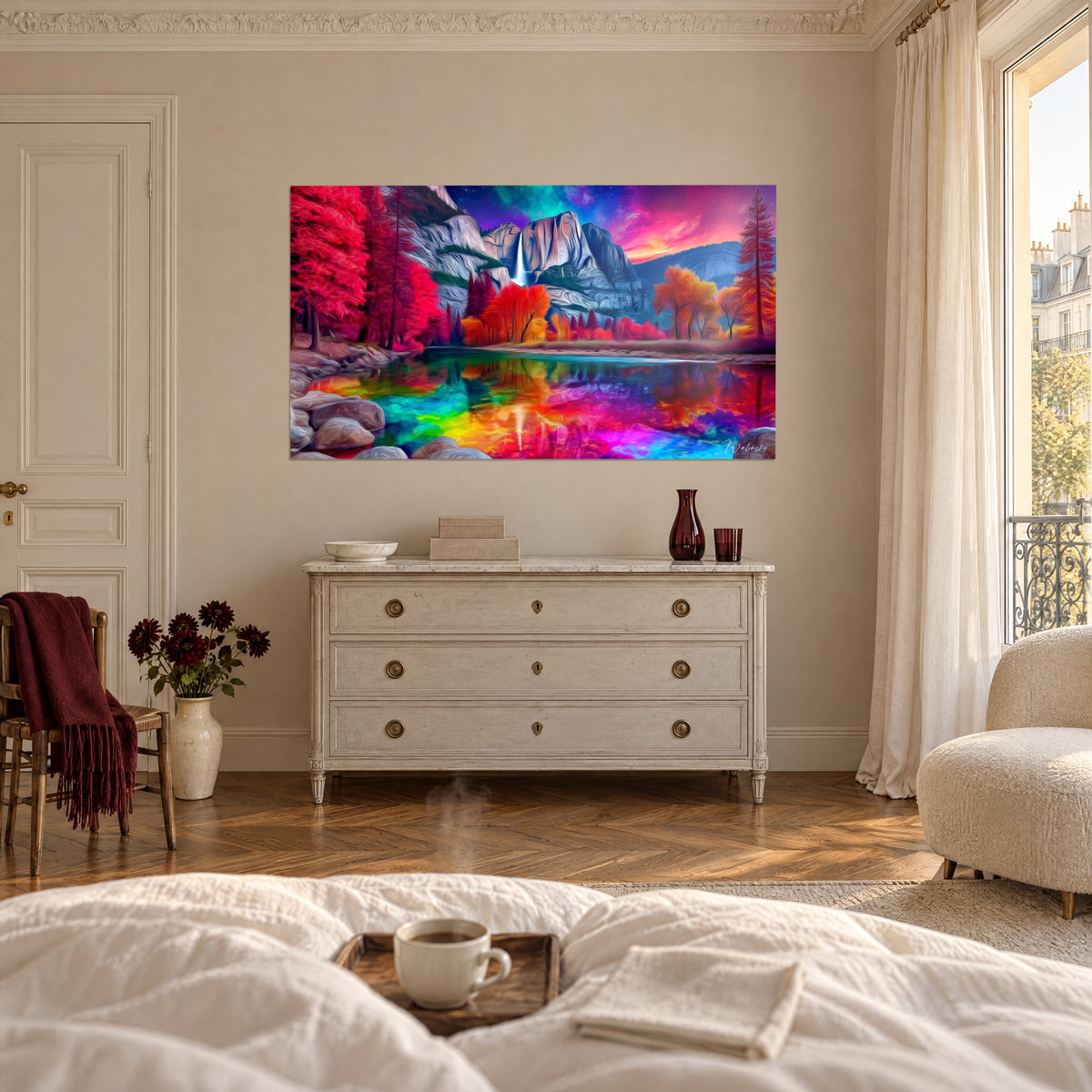Tableau aurore boréale cosmique sur parois rocheuses, mélèzes rouges et dorés, eau multicolore, au-dessus d'un lit dans une chambre claire