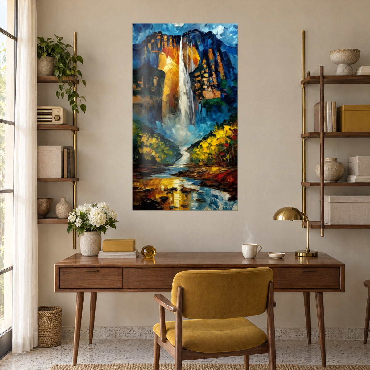 Wall art golden river mirroring an orange and blue cliff, red accents on the bank, wooden desk and mustard armchair